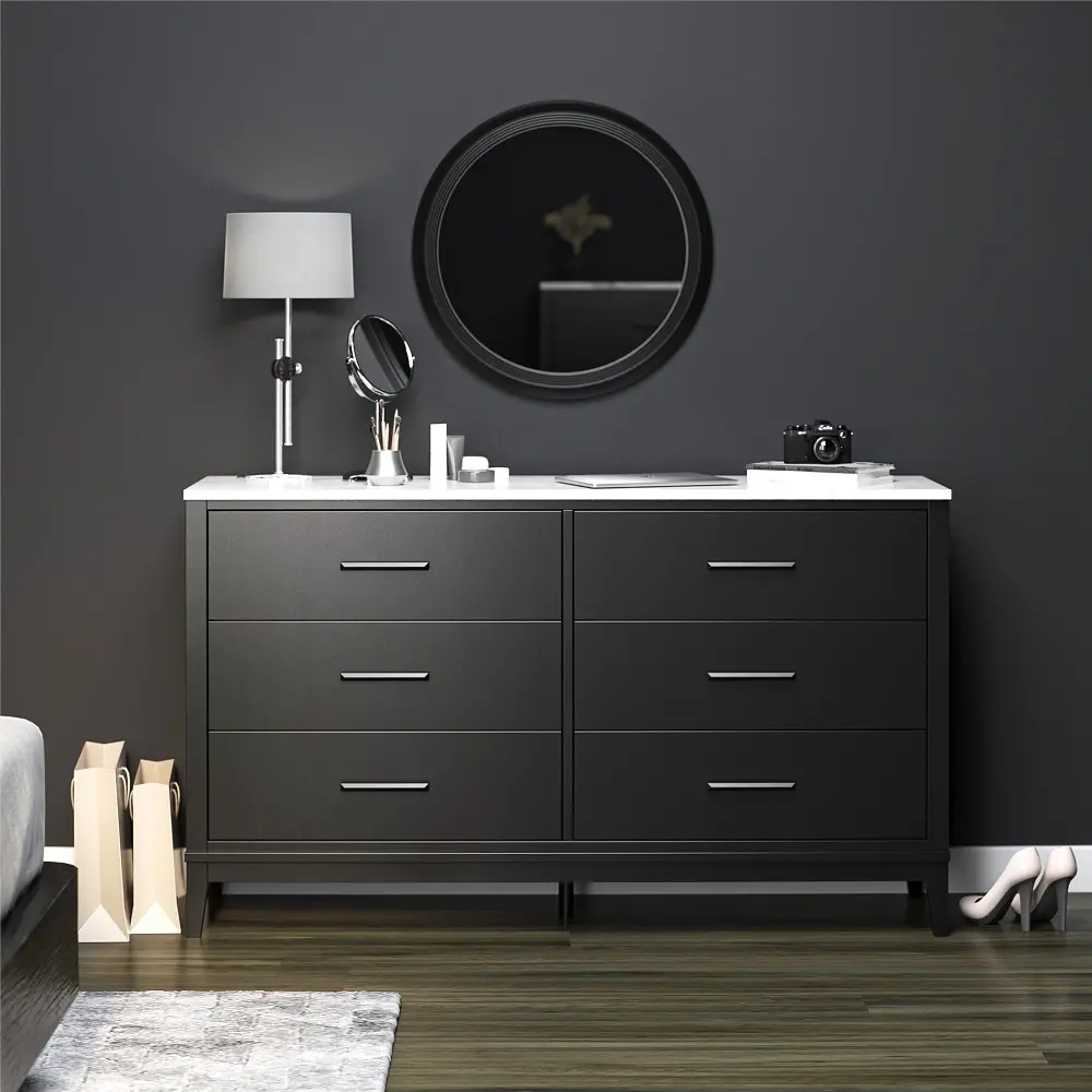 Lynnhaven Black 6 Drawer Dresser with White Marble Top-1