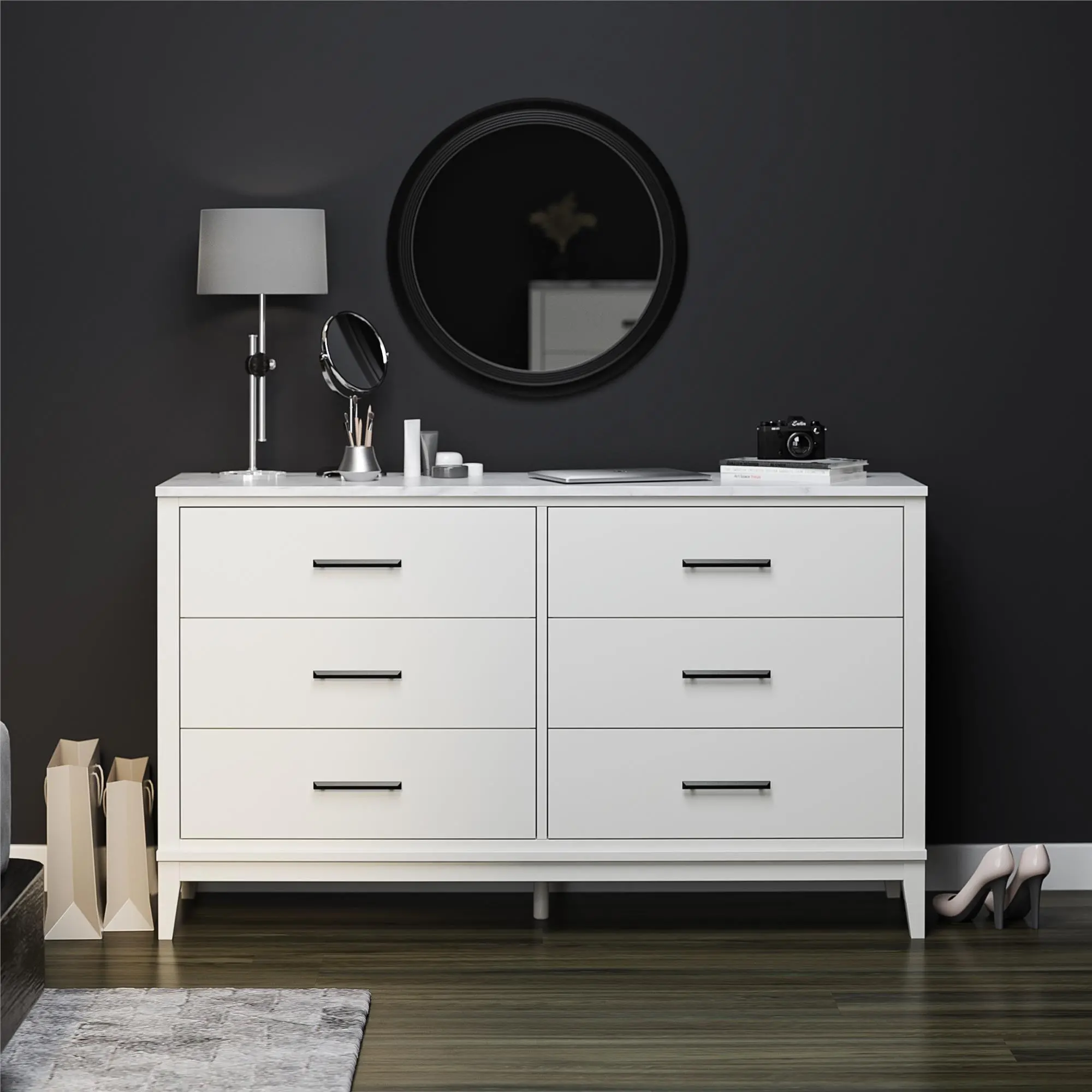 Lynnhaven White 6 Drawer Dresser with White Marble Top