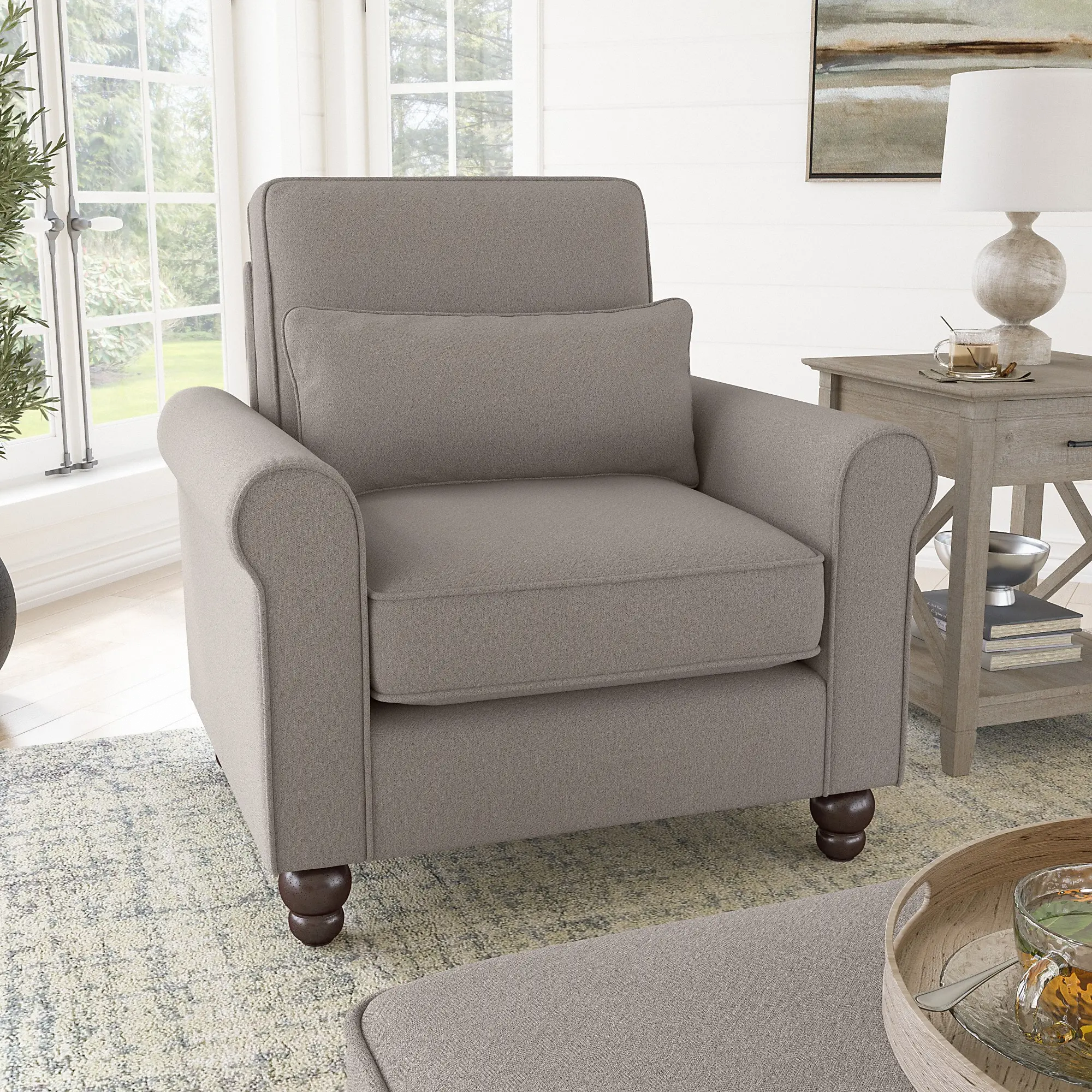 Hudson Beige Herringbone Accent Chair with Arms - Bush Furniture