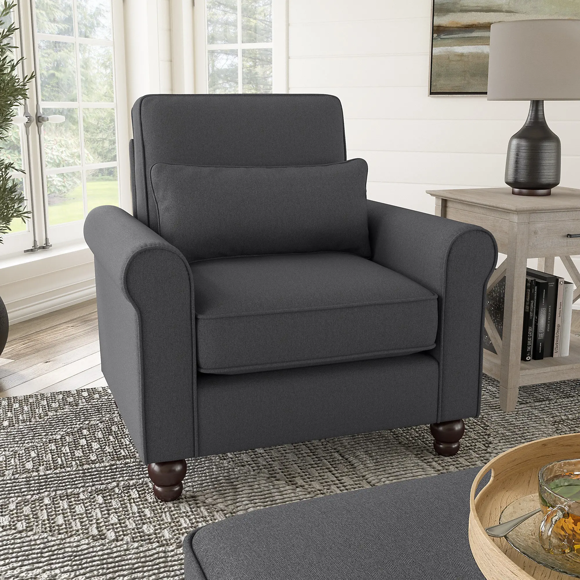 Hudson Charcoal Gray Herringbone Accent Chair with Arms - Bush.