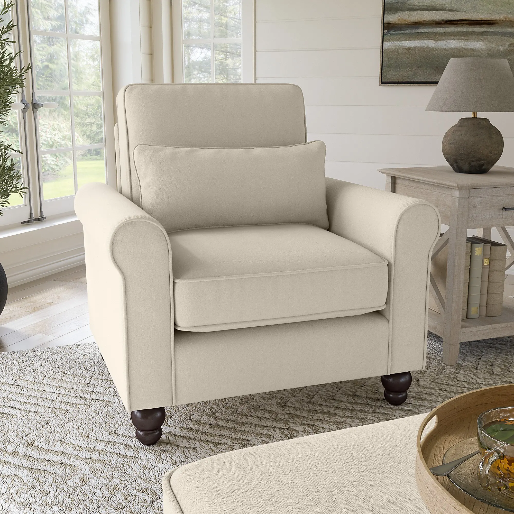 Hudson Cream Herringbone Accent Chair with Arms - Bush Furniture
