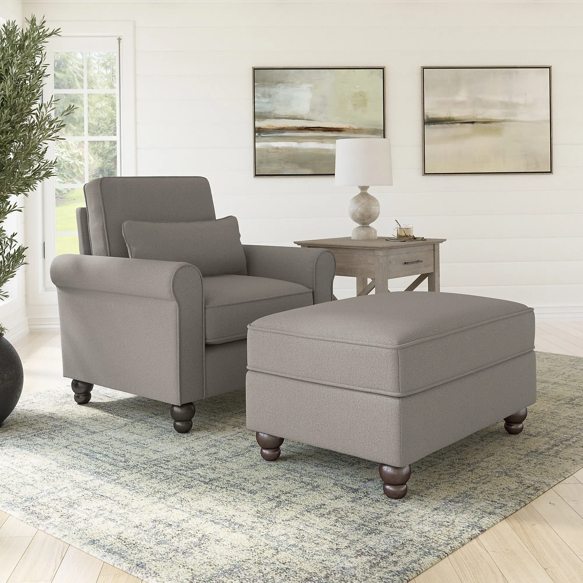 Hudson Beige Herringbone Accent Chair with Ottoman Set - Bush.