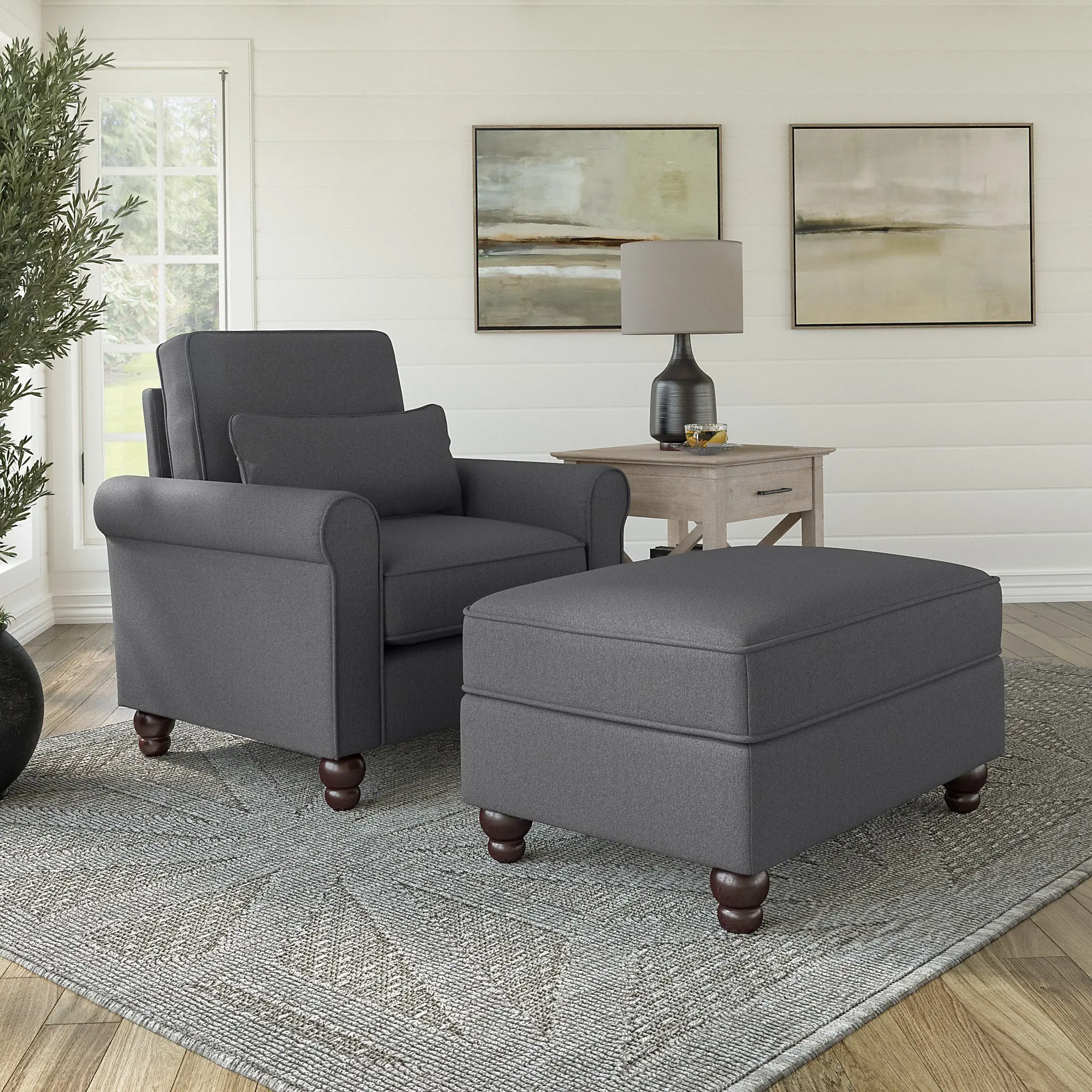 Hudson Charcoal Gray Herringbone Accent Chair with Ottoman Set.