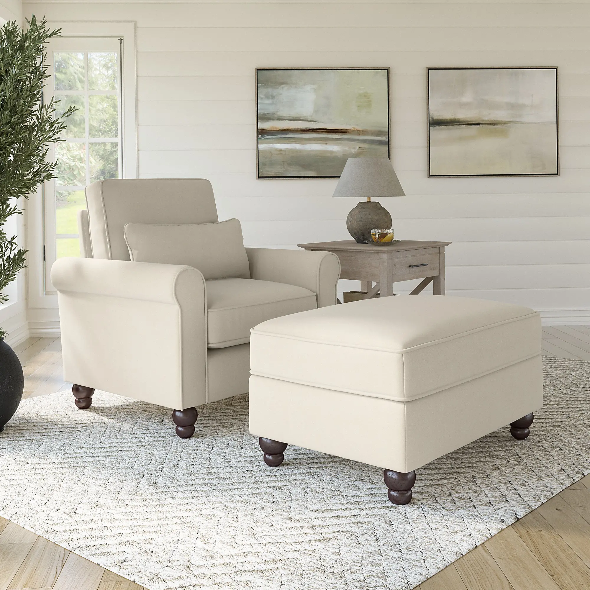 Hudson Cream Accent Chair with Ottoman - Bush Furniture