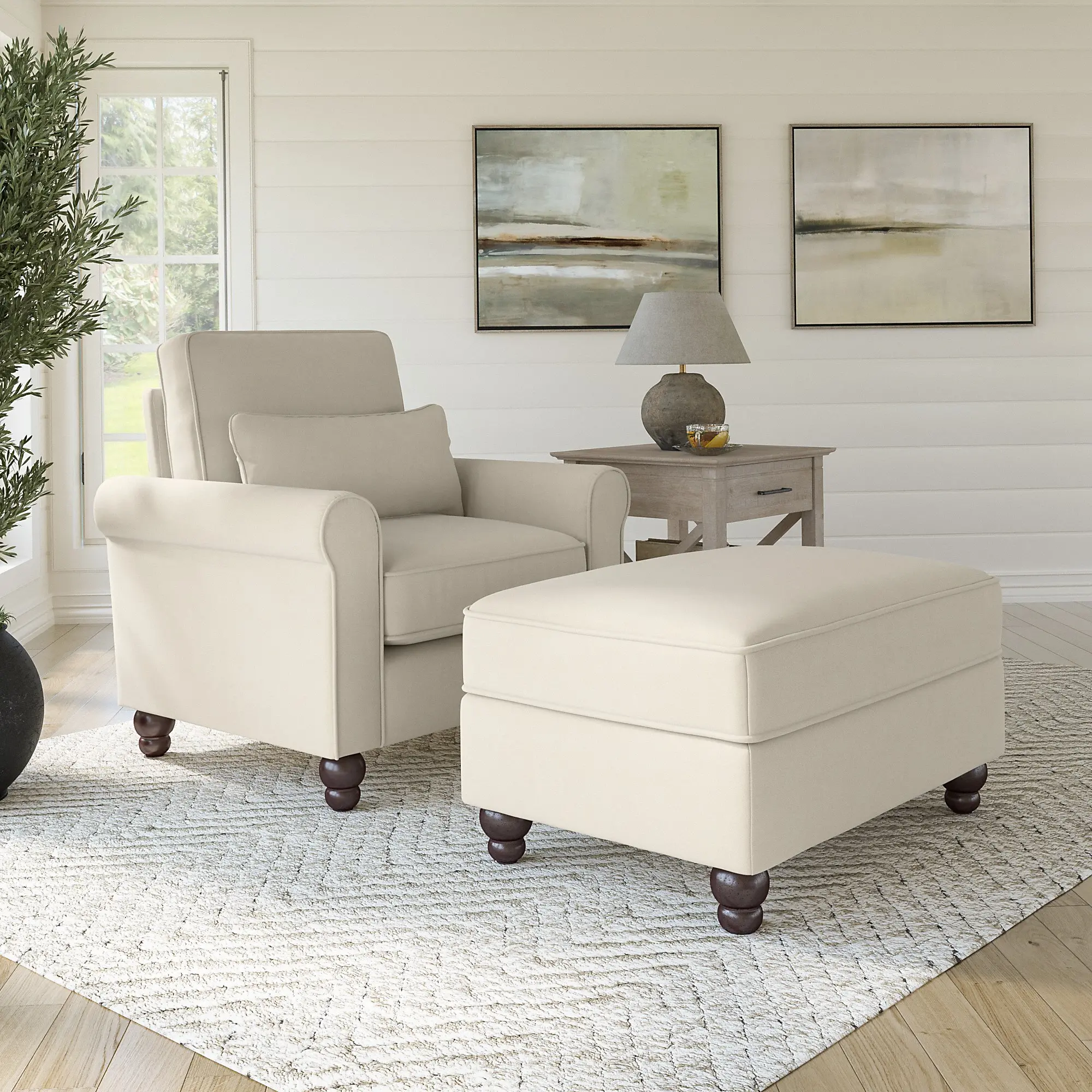 Hudson Cream Herringbone Accent Chair with Ottoman Set - Bush.