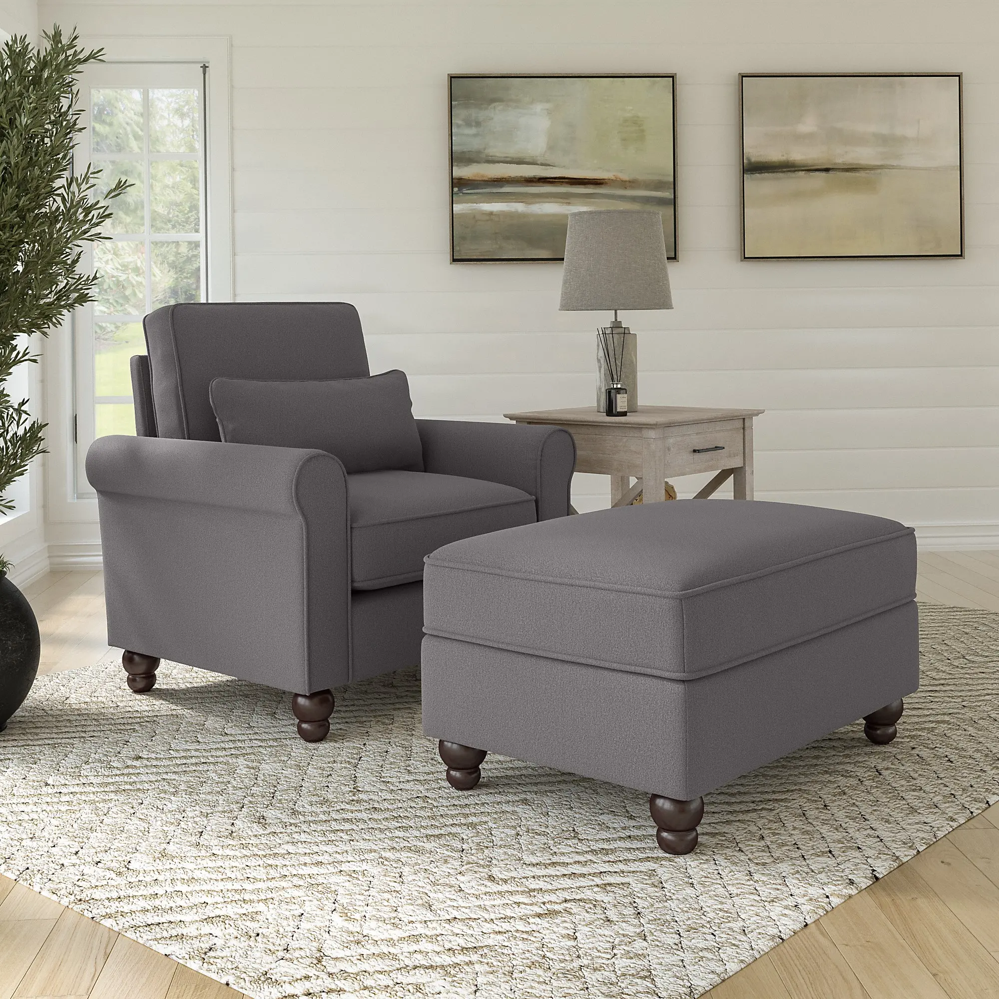 Hudson Gray Herringbone Accent Chair with Ottoman Set - Bush Furniture