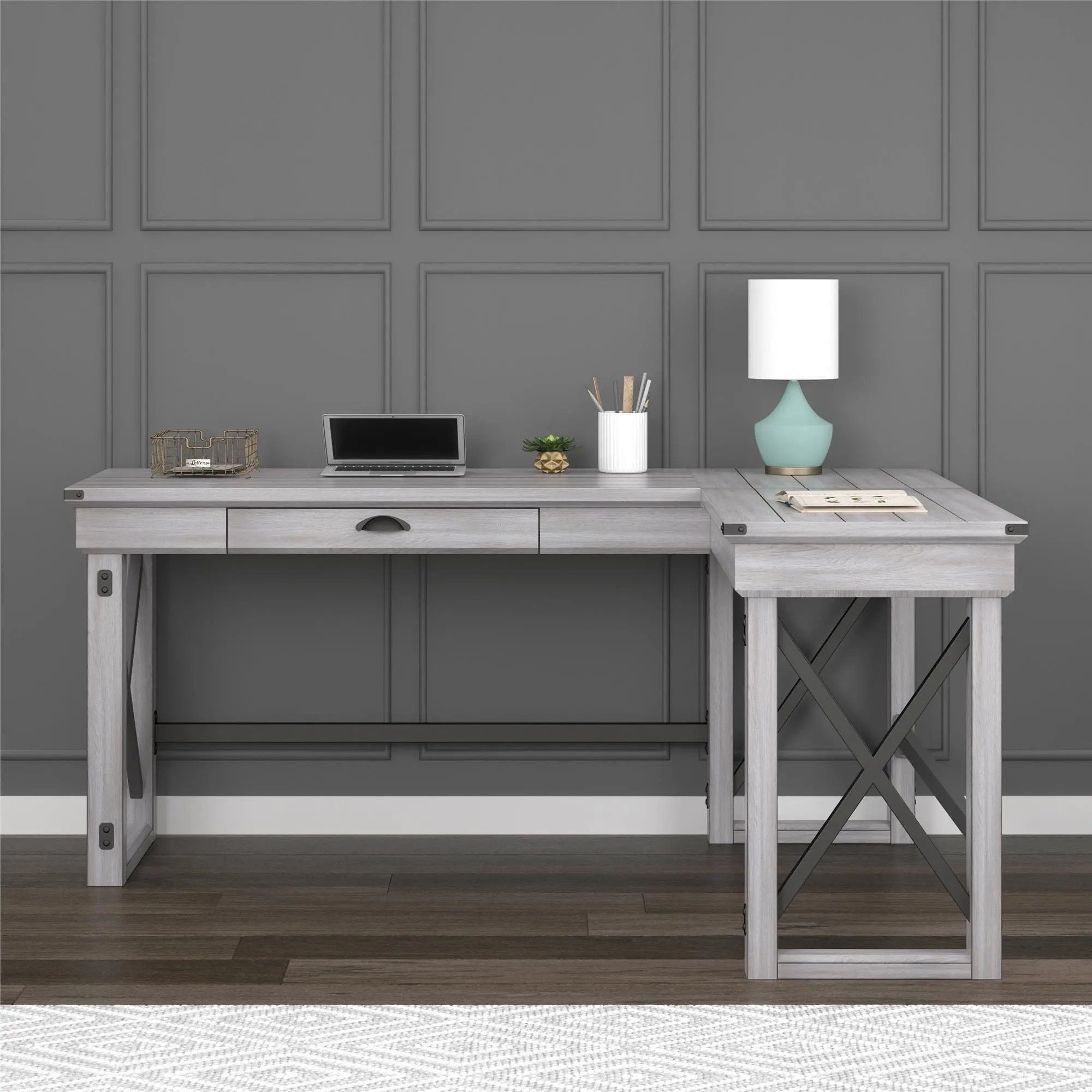 Wildwood Rustic Gray L Shaped Desk with Lift Top