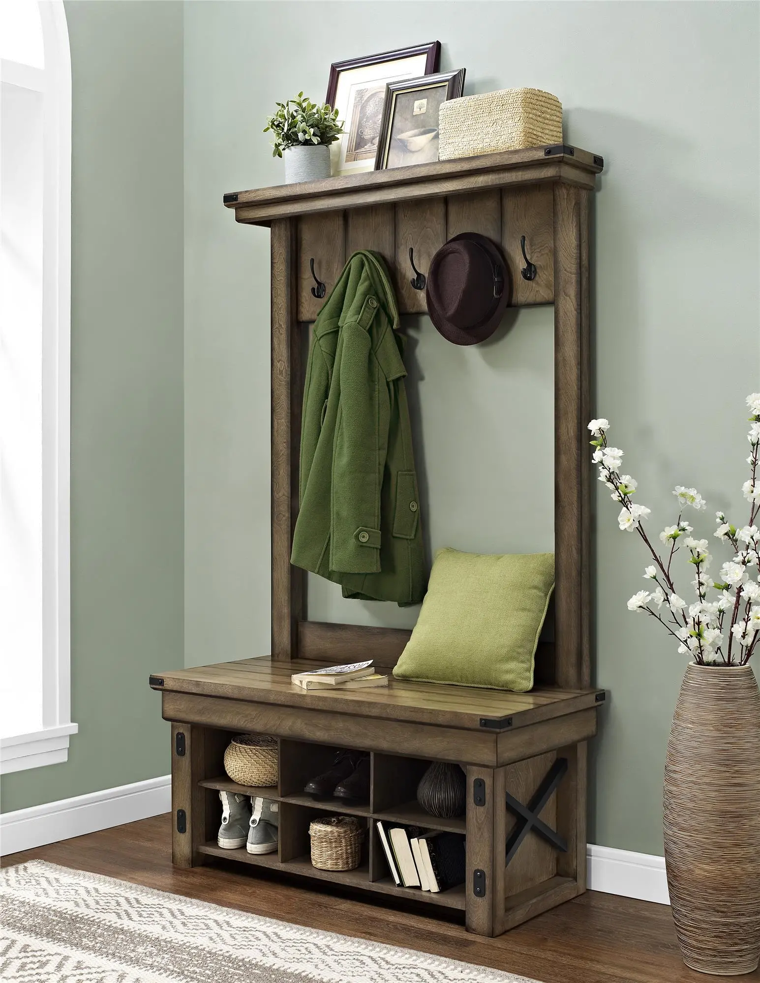 Wildwood Rustic Brown Entryway Hall Tree with Storage Bench