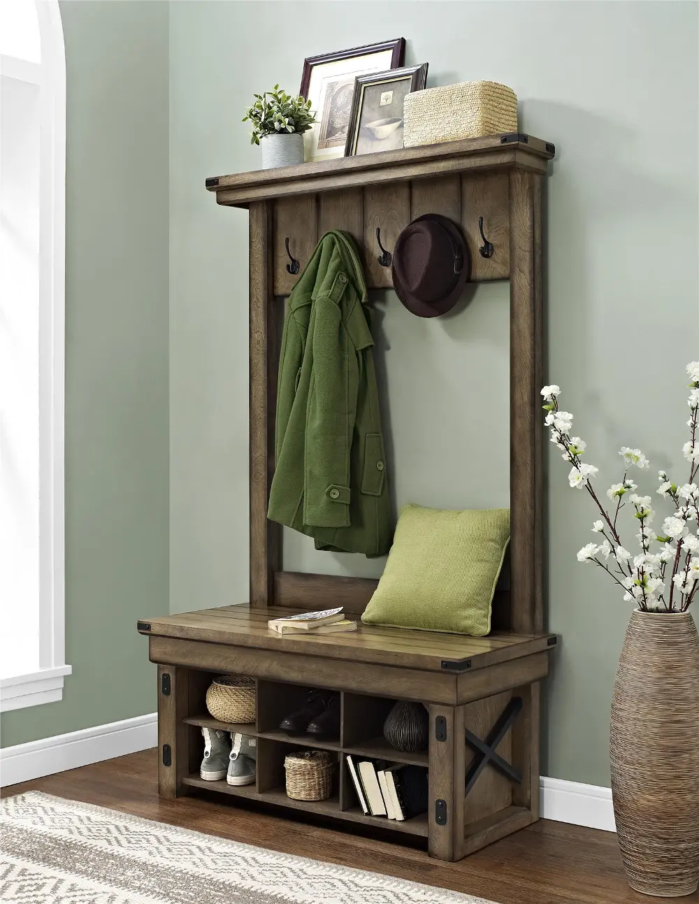 Wildwood Rustic Brown Entryway Hall Tree with Storage Bench-1