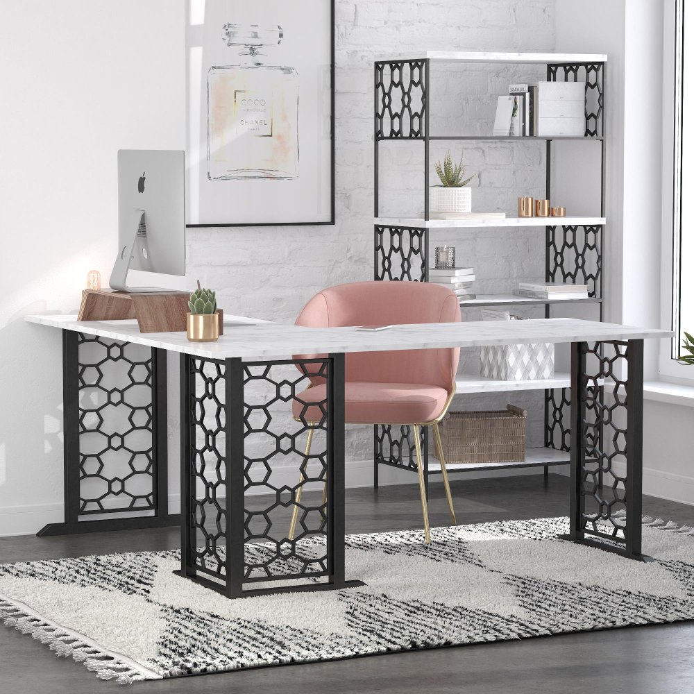 112834582 Ella White Marble L Shaped Desk sku 112834582