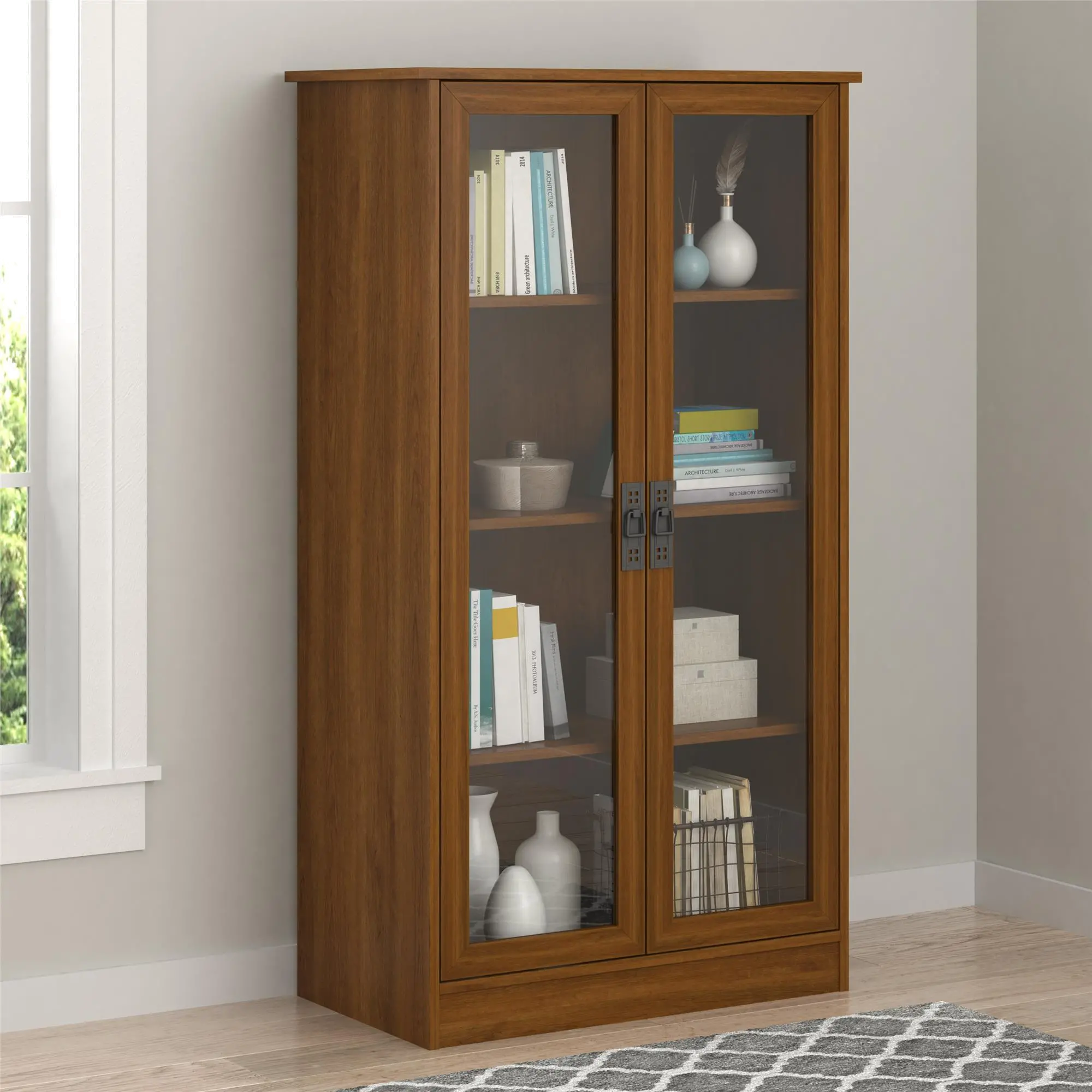 34825 Quinton Point Brown Oak Bookcase with Glass Doors sku 34825