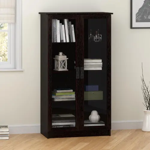 Black Wood Display Cabinet With Tempered Glass Doors and 3-Color LED Lights