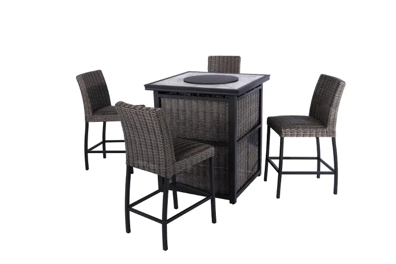 Havana Brown Patio Bar Stool and Firepit Tower Dining Set