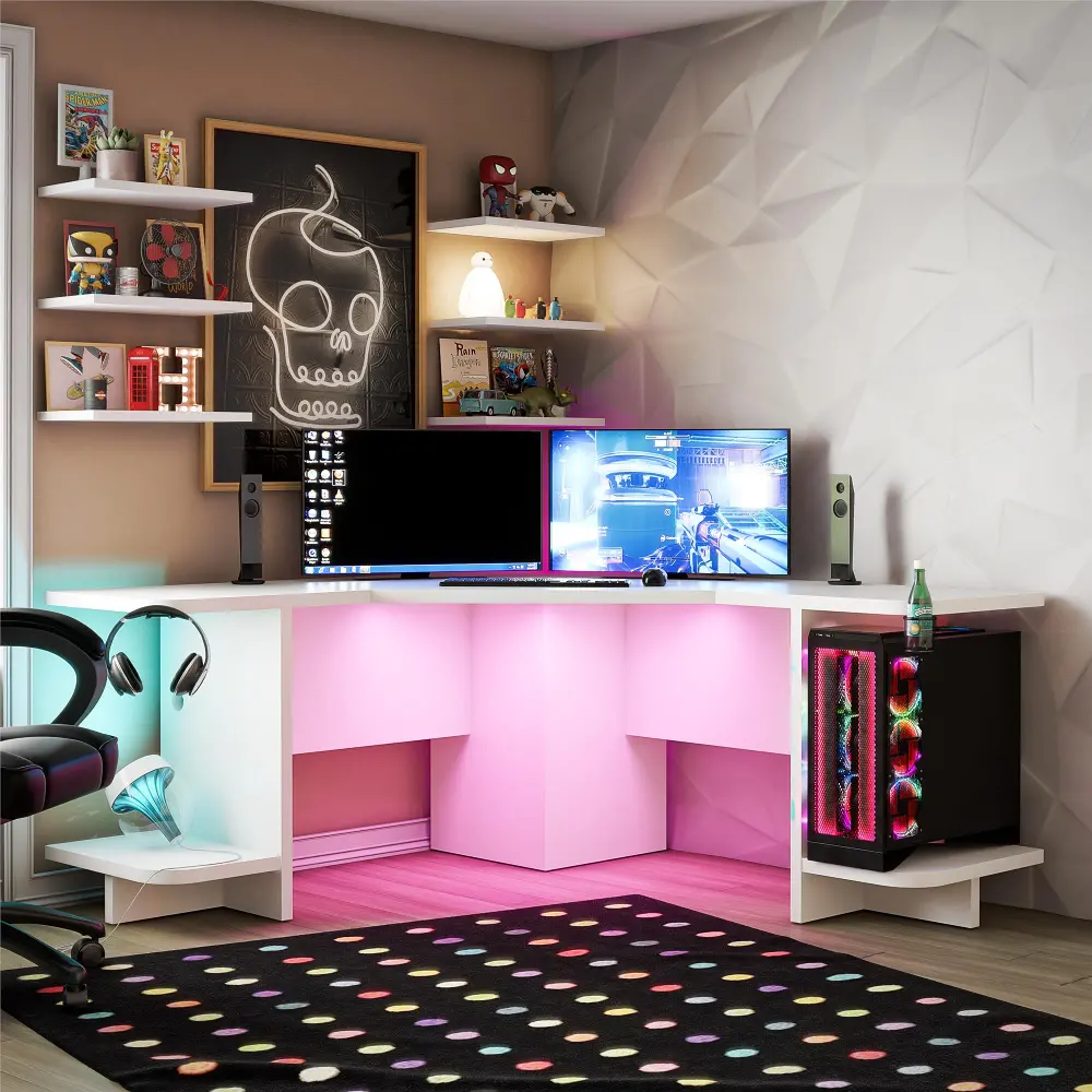 Ntense Mod White Corner Gaming Desk with LED Light Kit-1