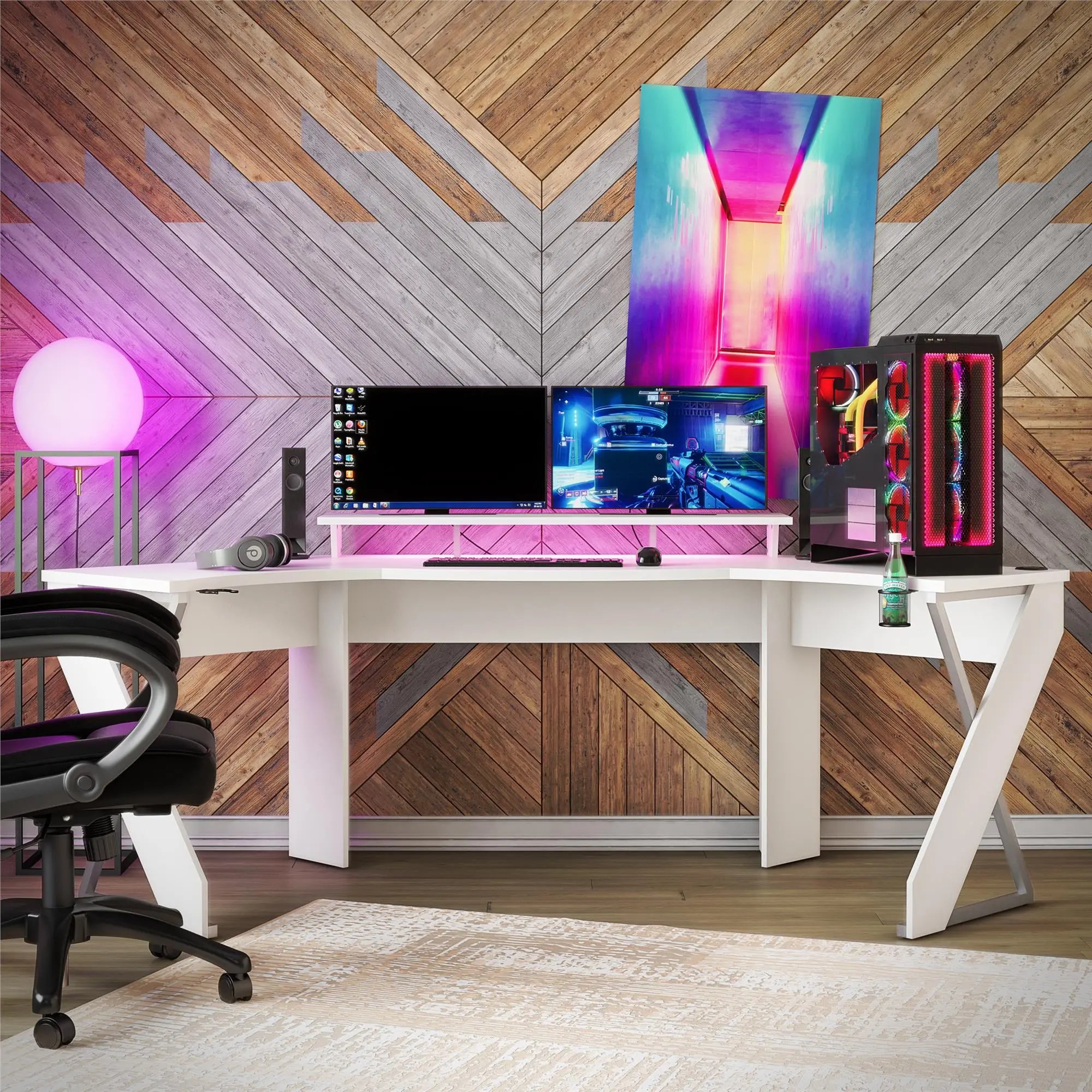 Xtreme White Corner Gaming Desk with Riser & LED Light