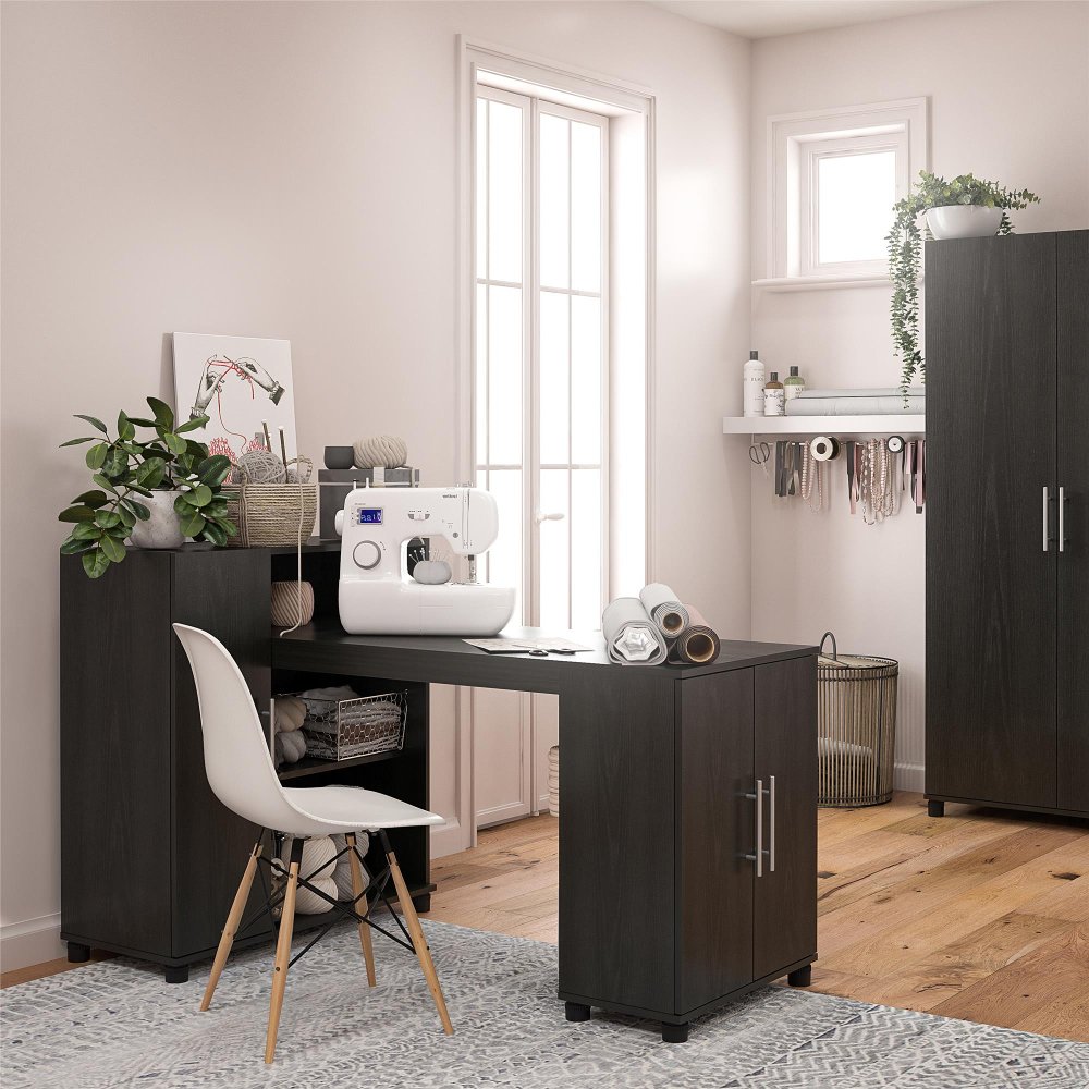 Camberly Black Oak Craft Desk with Storage Cabinet