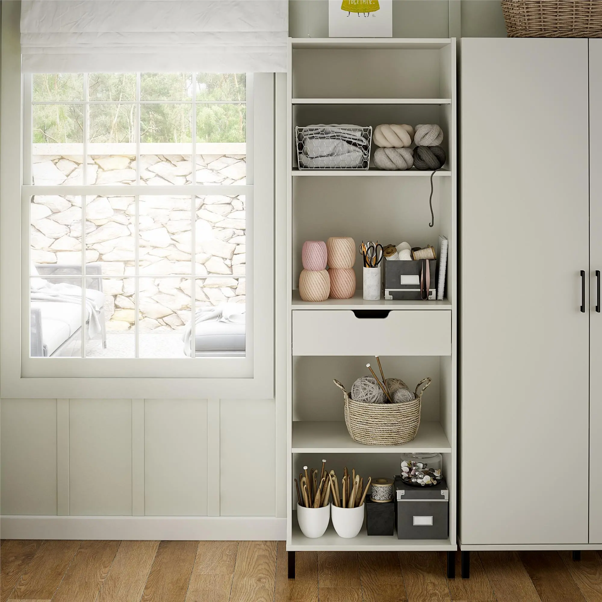 Versa White Open Cabinet with Drawer