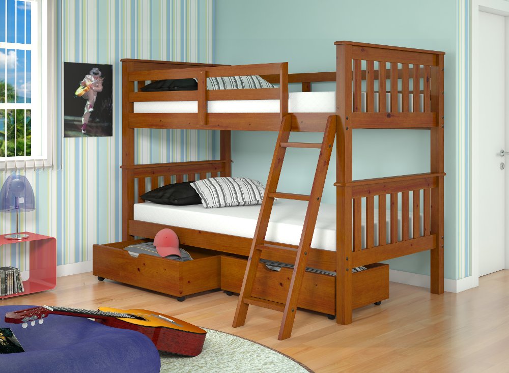 Mission Light Brown Twin-over-Twin Bunk Bed with Drawers