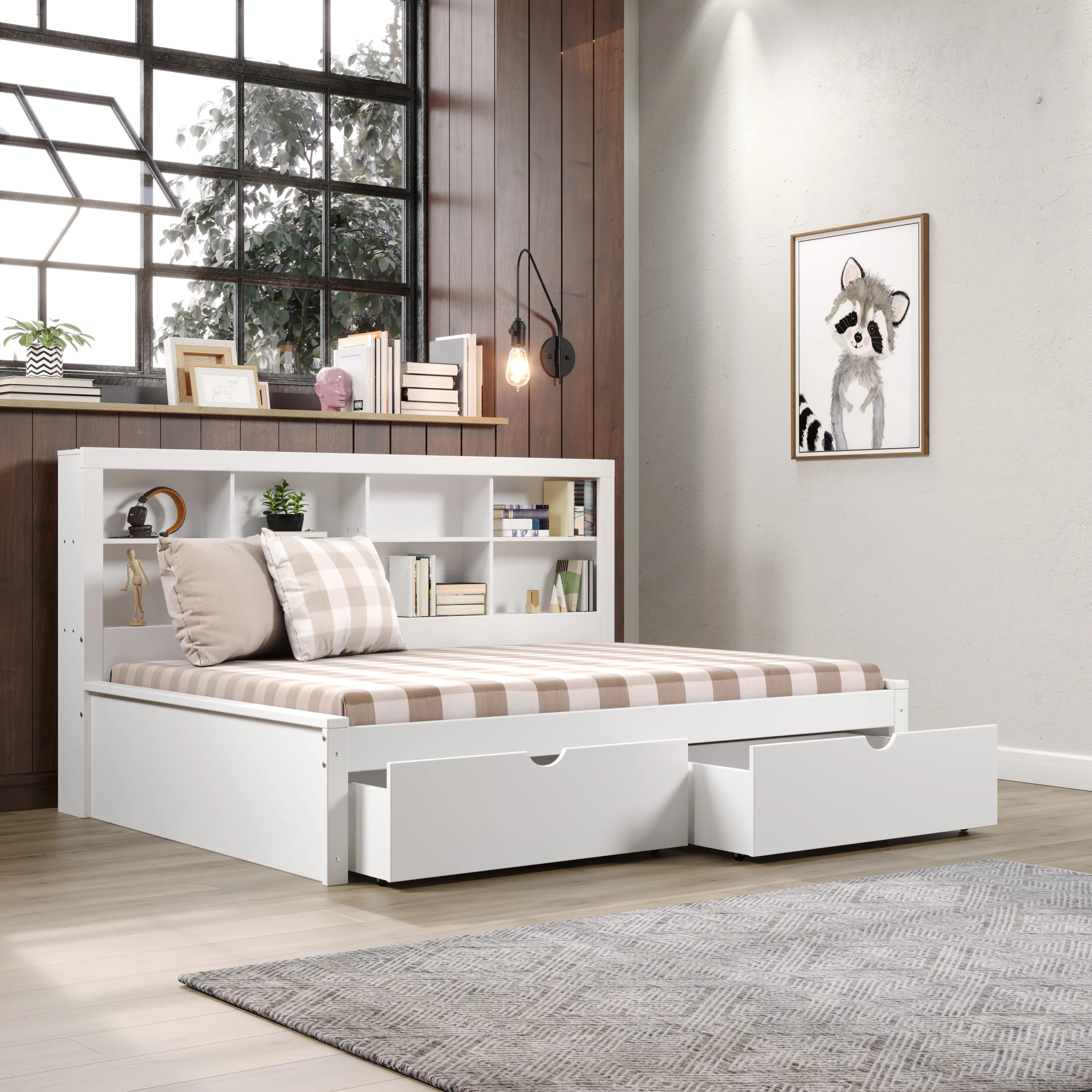 White Full Bookcase Daybed with Storage Drawers