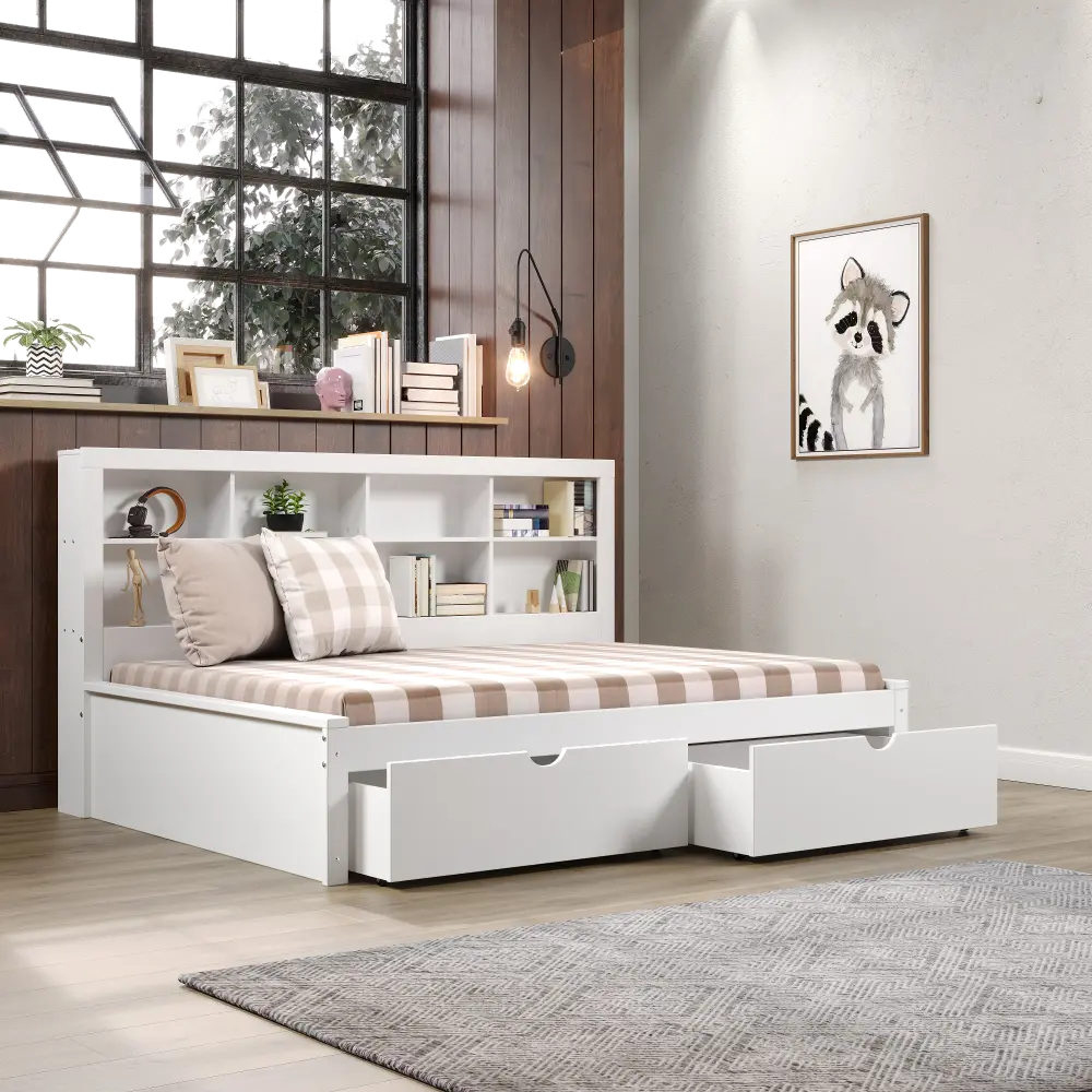 White Full Bookcase Daybed with Storage Drawers-1