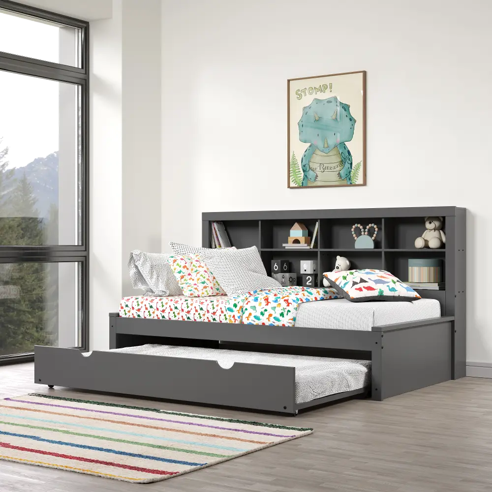 Gray Twin Bookcase Daybed with Trundle-1
