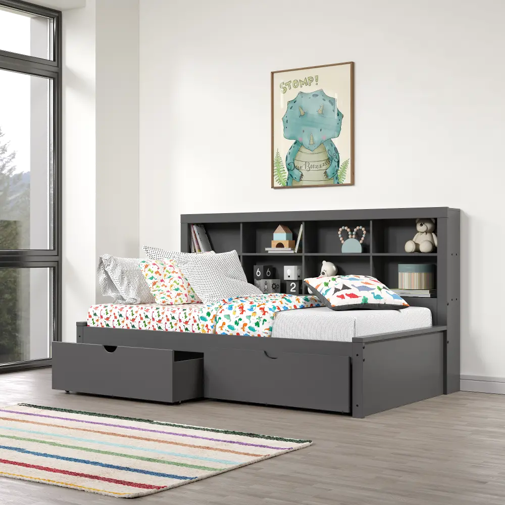 Gray Twin Bookcase Daybed with Storage Drawers-1