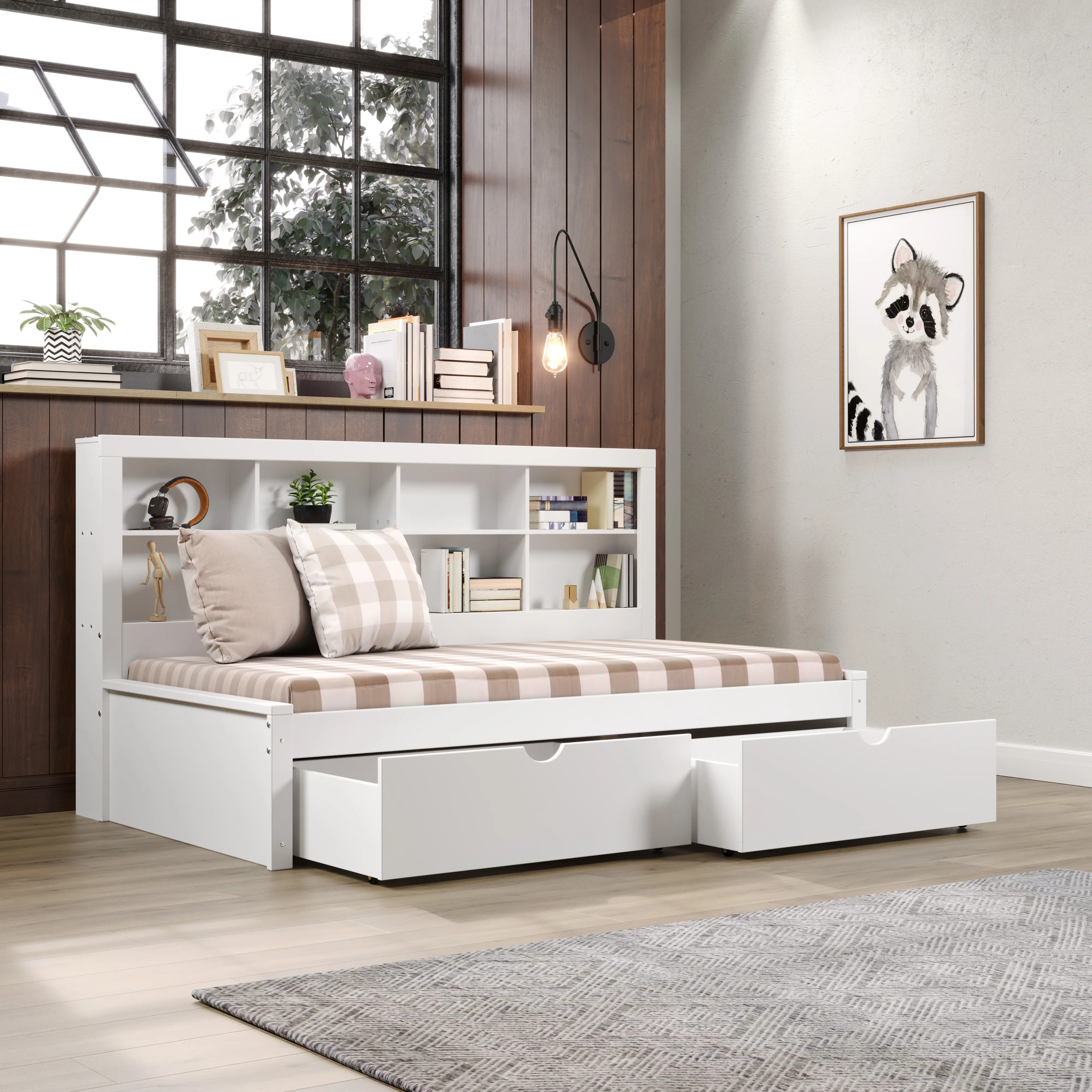 White Twin Bookcase Daybed with Storage Drawers