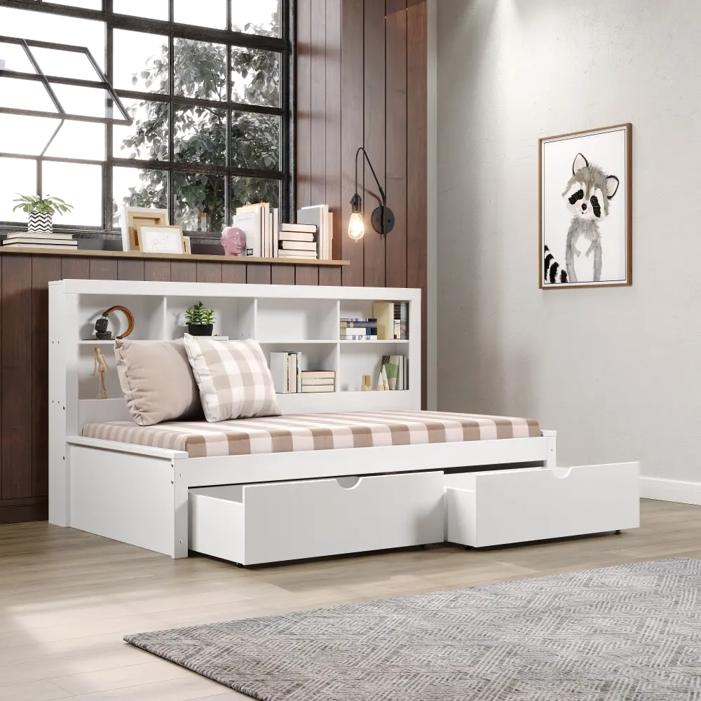 White Twin Bookcase Daybed with Storage Drawers-1