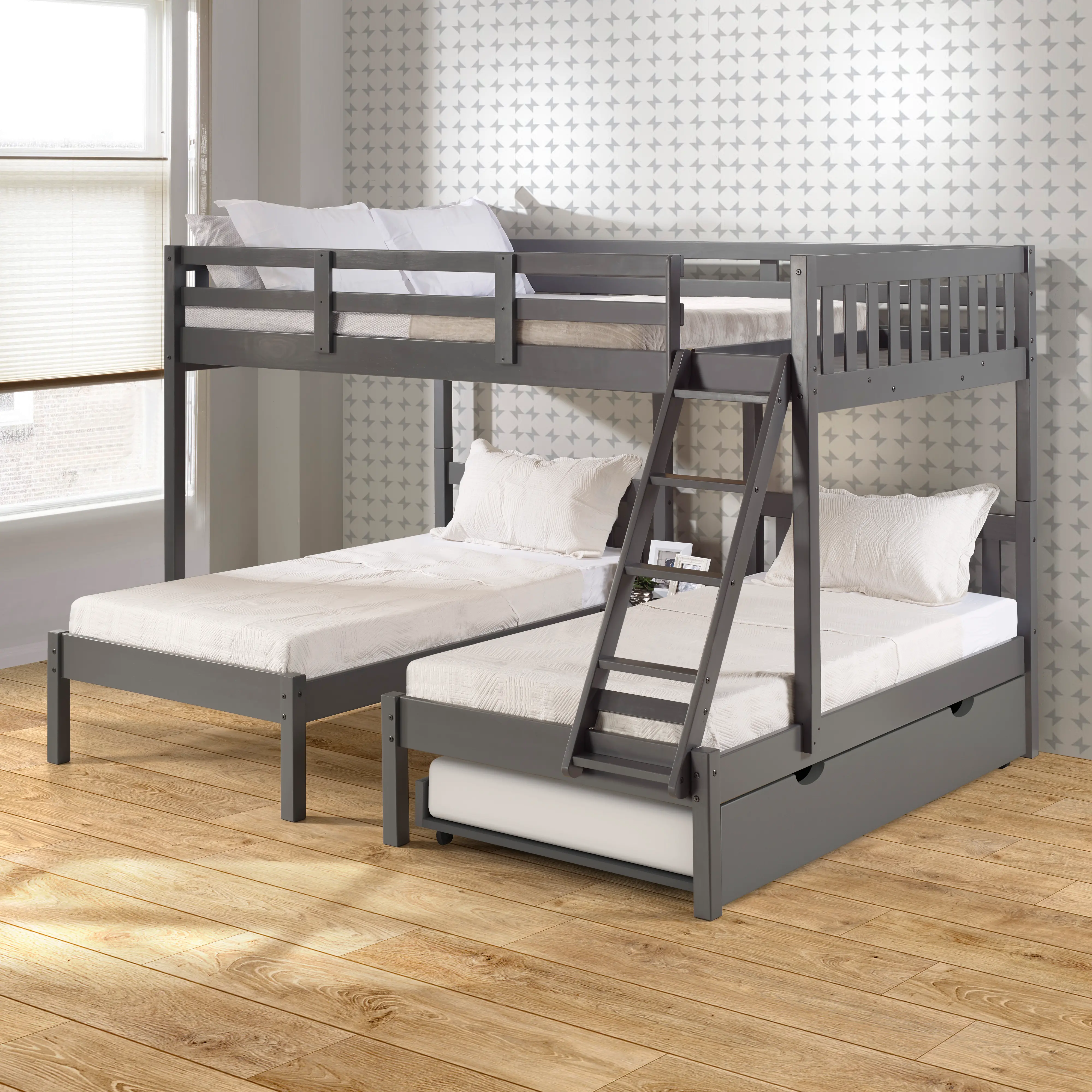 Gray Full over Double Twin Bunk Bed with Trundle