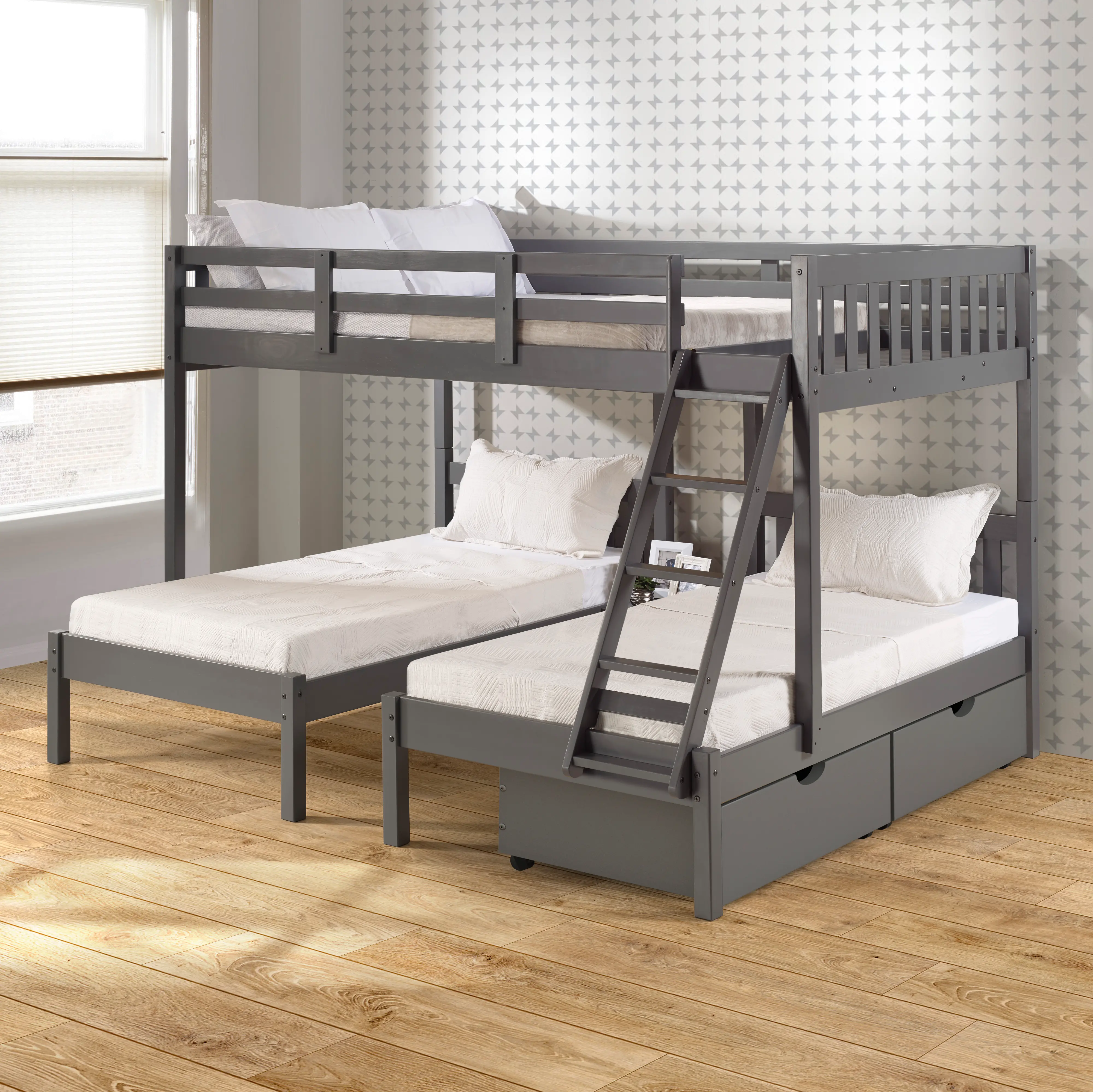 Gray Full over Double Twin Bunk Bed with Storage