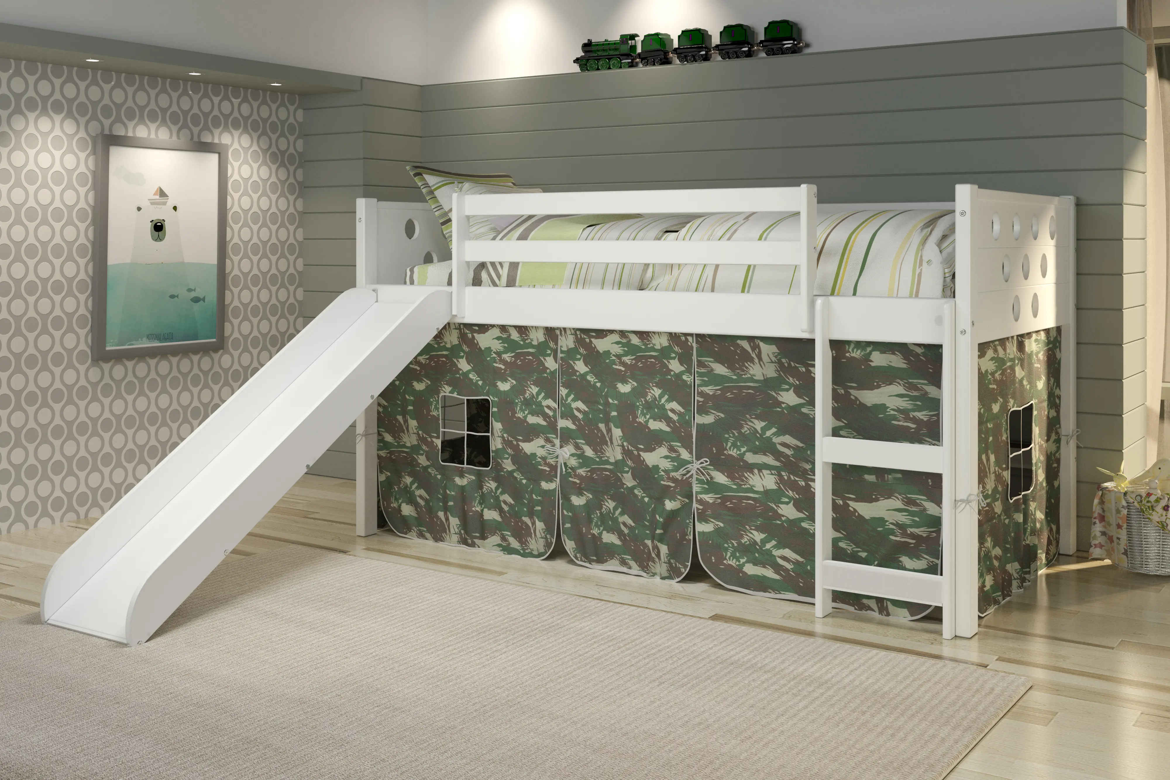 Photos - Bed Donco Trading Circles White Low Twin Loft  with Camo Tent 780A-TW 750C