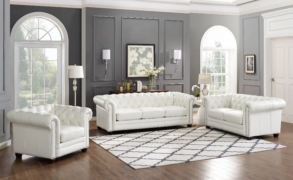 Kennedy White Leather 3 Piece Living Room Set with Loveseat-1