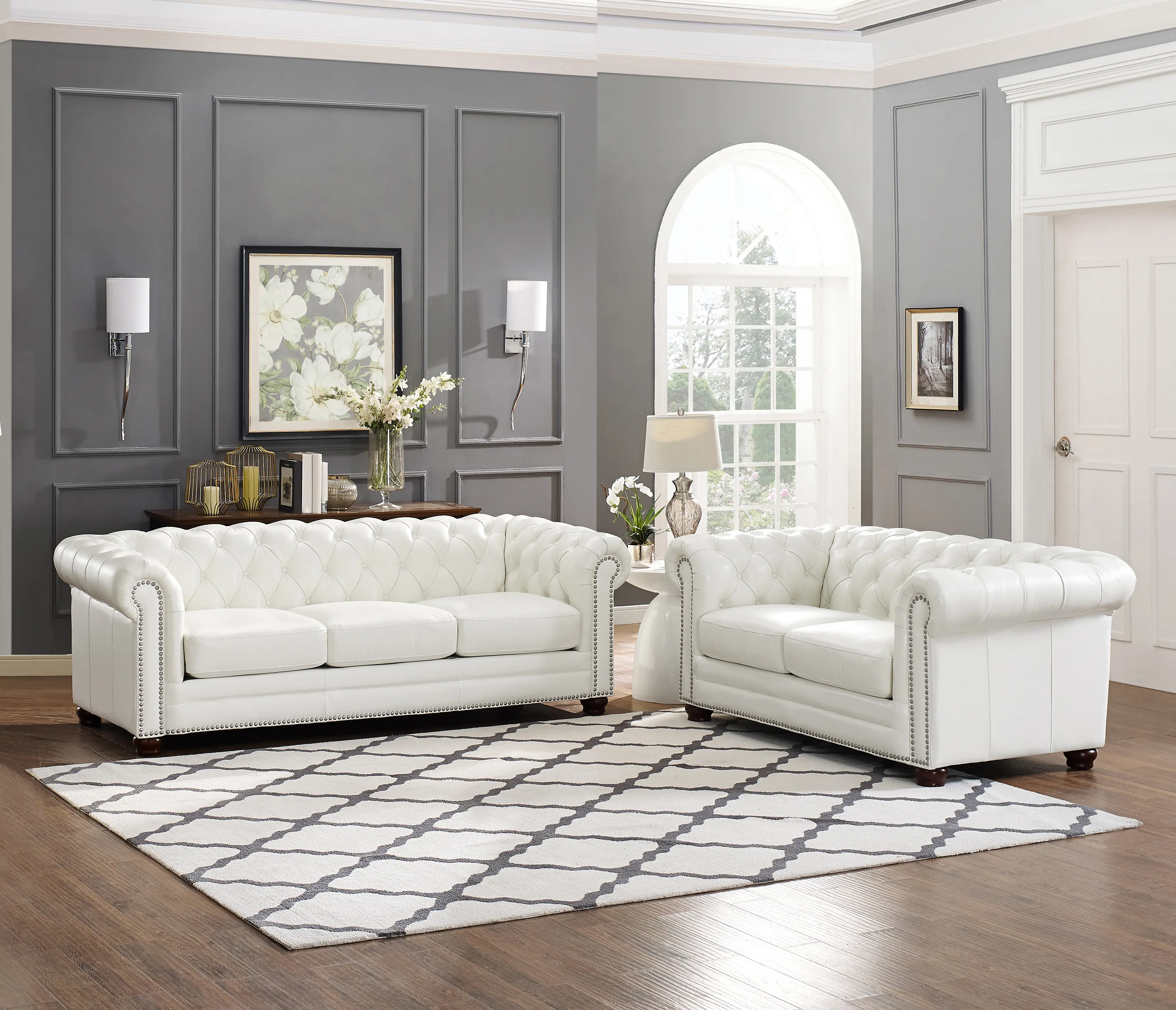 Kennedy White Leather 2 Piece Living Room Set - Sofa & Loveseat