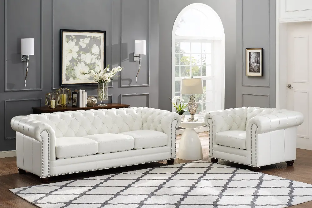 Kennedy White Leather 2 Piece Living Room Set - Sofa & Chair-1