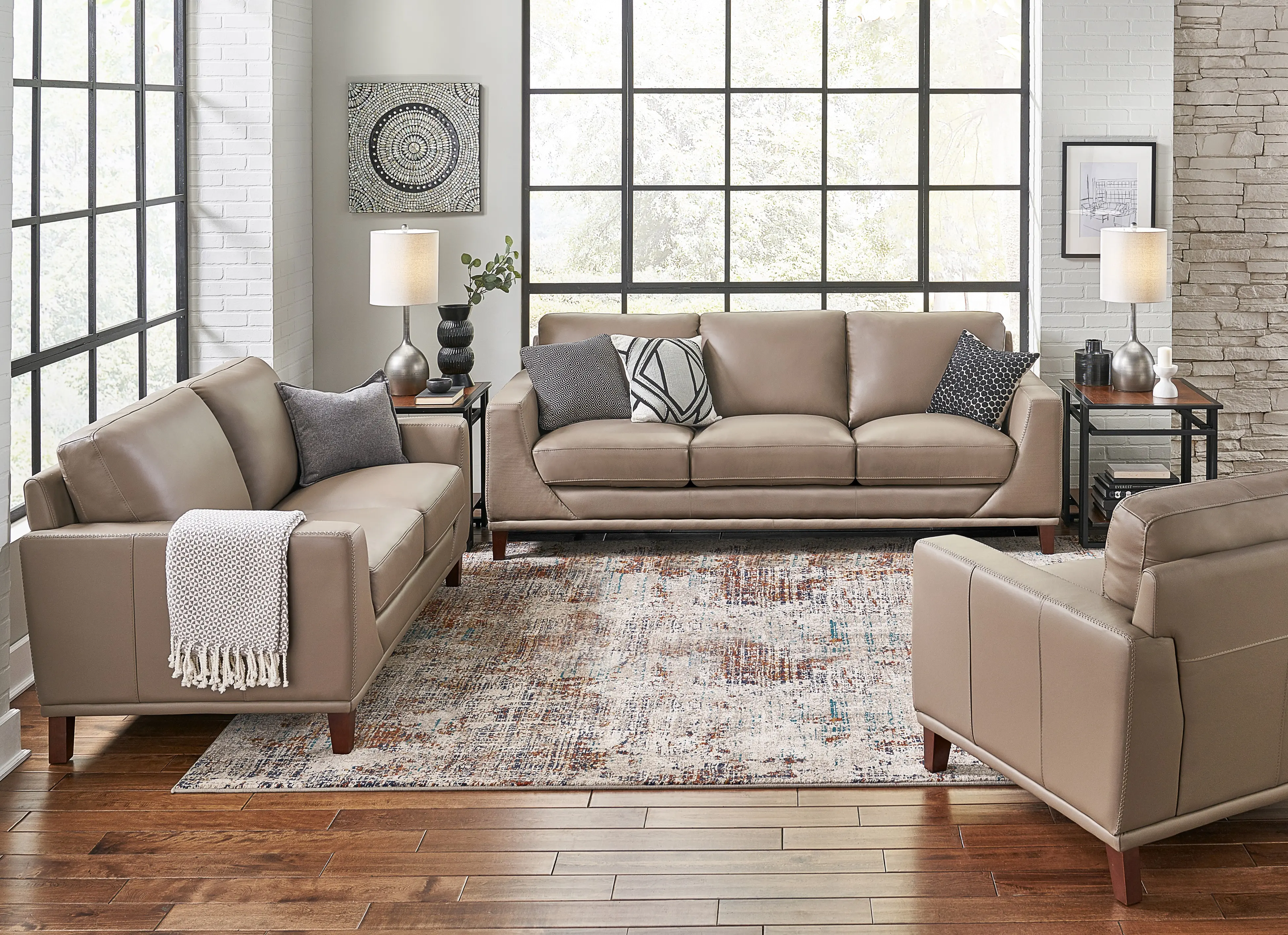 Sonoma Taupe Leather 3 Piece Living Room Set with Loveseat