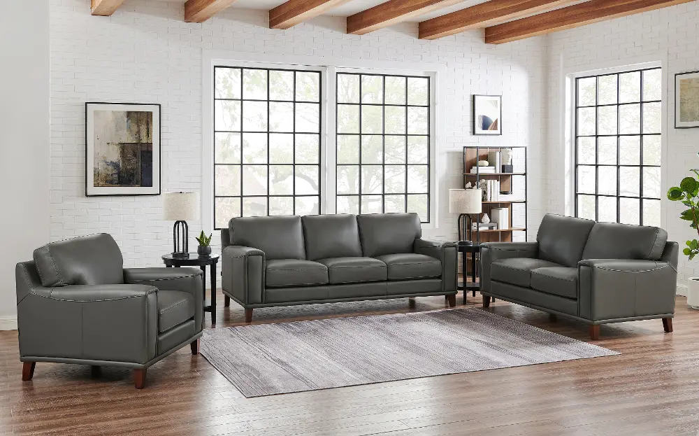 Harper Gray Leather 3 Piece Living Room Set-1