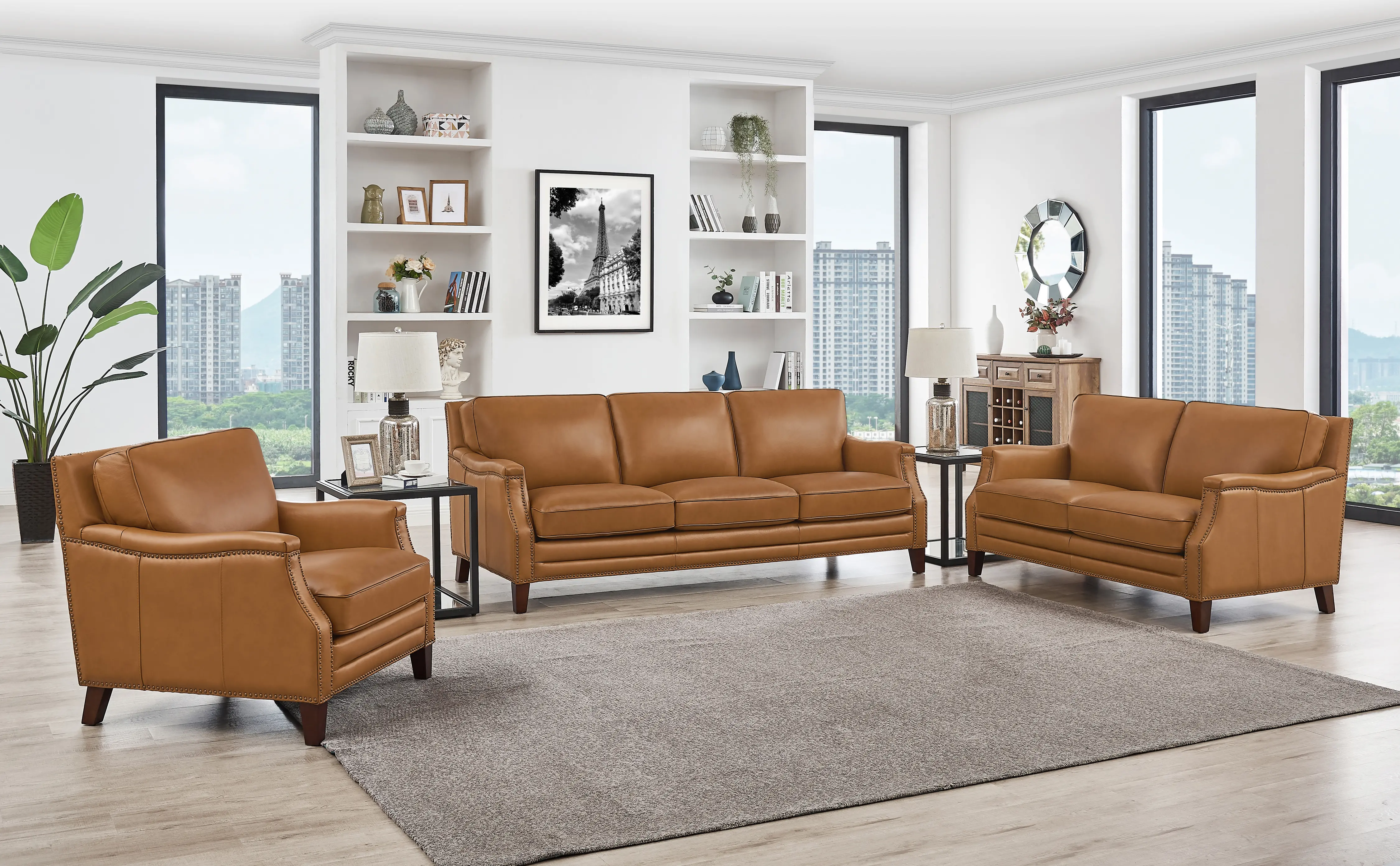 Romano Brown Leather 3 Piece Living Room Set - Amax Leather