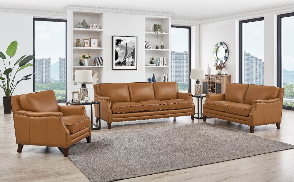 112889654 Romano Brown Leather 3 Piece Living Room Set sku 112889654