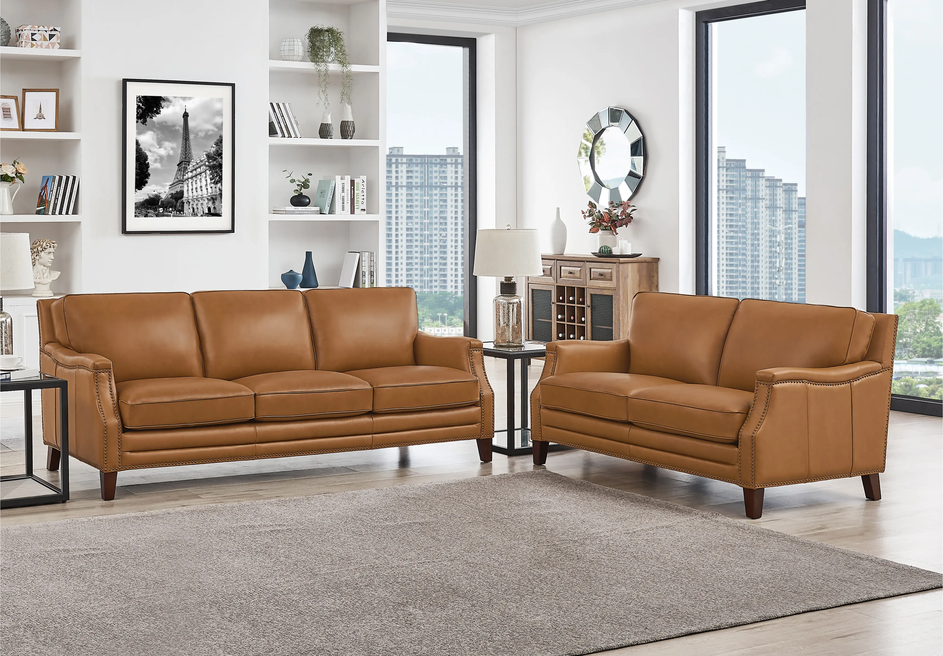 Romano Brown Leather 2 Piece Living Room Set - Sofa & Loveseat -...