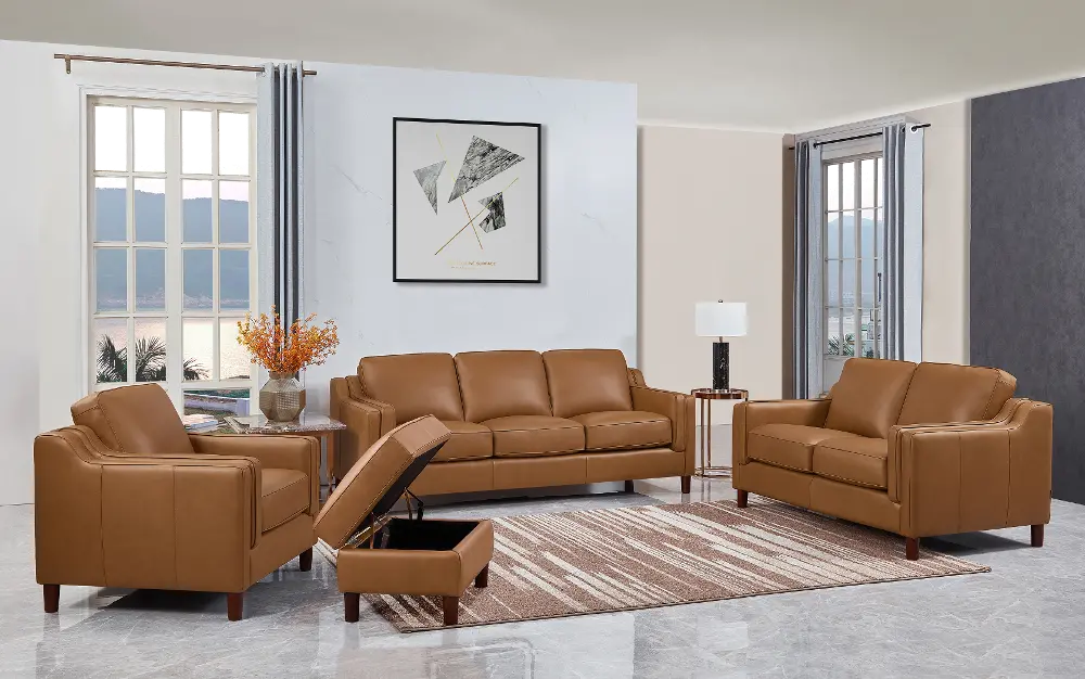 Ballari Cognac Brown Leather 4 Piece Living Room Set-1