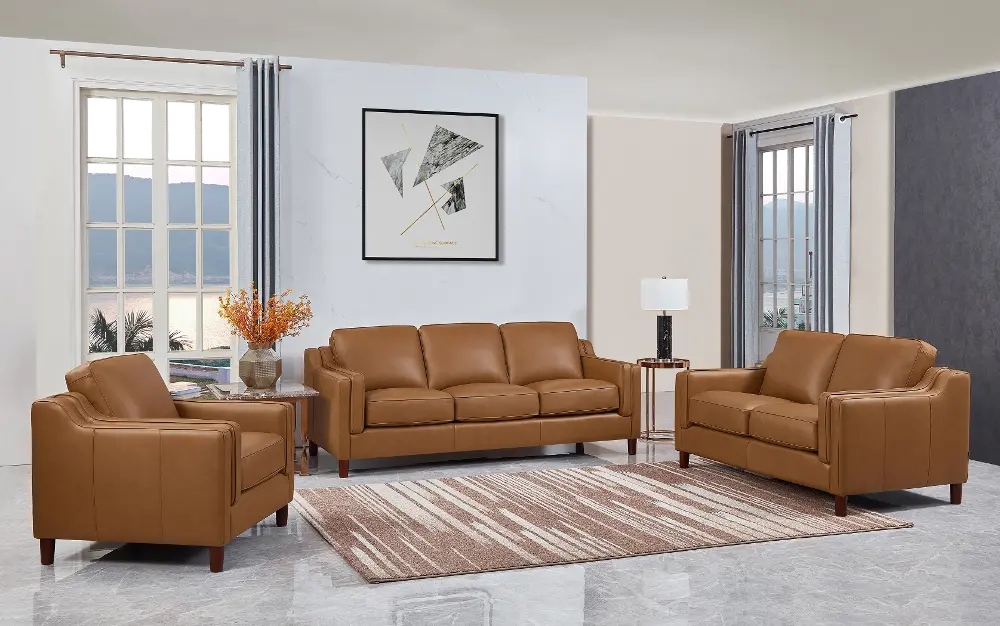 Ballari Cognac Brown Leather 3 Piece Living Room Set with Loveseat-1