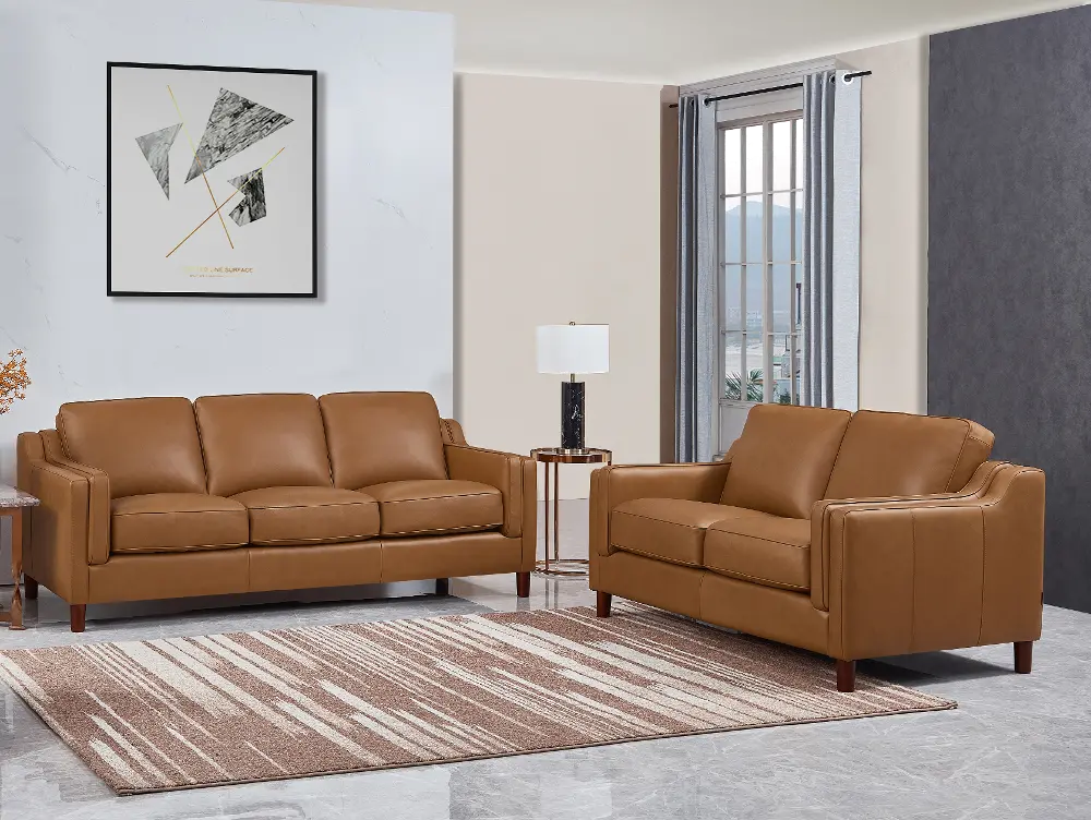Ballari Cognac Brown Leather 2 Piece Living Room Set - Sofa & Loveseat-1