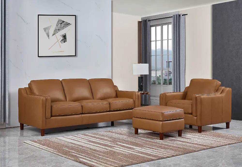 Ballari Cognac Brown Leather 3 Piece Living Room Set with Ottoman-1