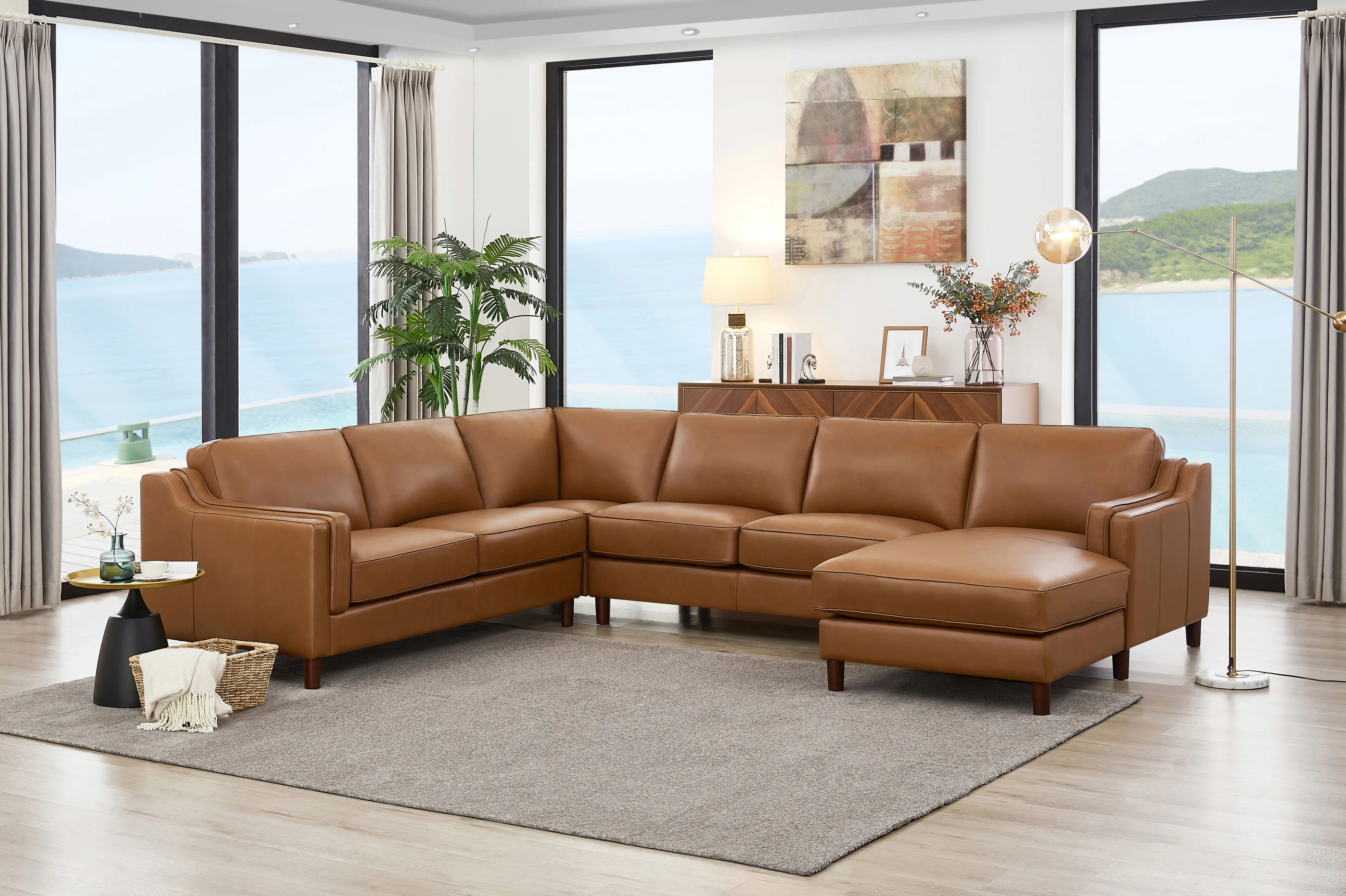 6932-SECT4-RHFCH-2523 Ballari Cognac Brown Leather 4 Piece Sectional wit sku 6932-SECT4-RHFCH-2523