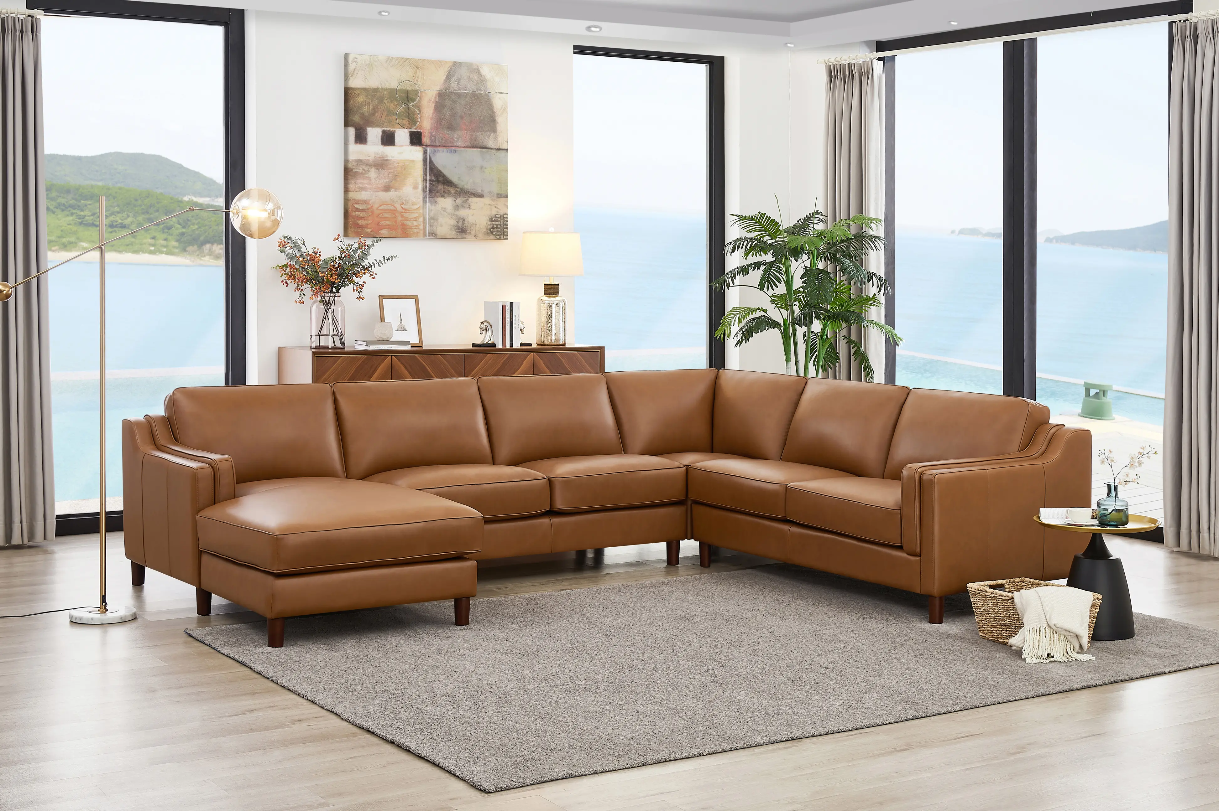 Ballari Cognac Brown Leather 4 Piece Sectional with Left-Facing...