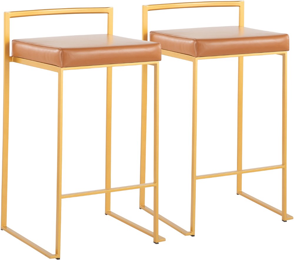 Fuji Low Back Gold & Camel Faux Leather Counter Stools, Set of 2