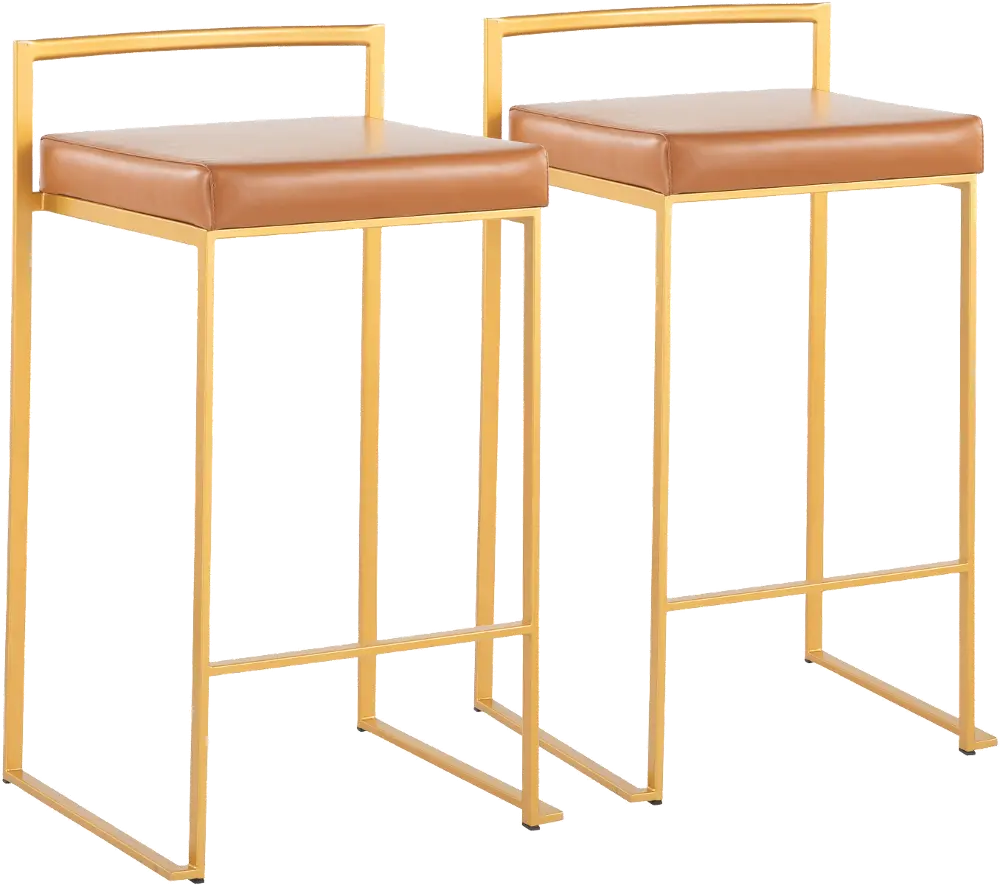 B26-FUJI AUCAM2 Fuji Low Back Gold & Camel Faux Leather Counter Stools, Set of 2-1