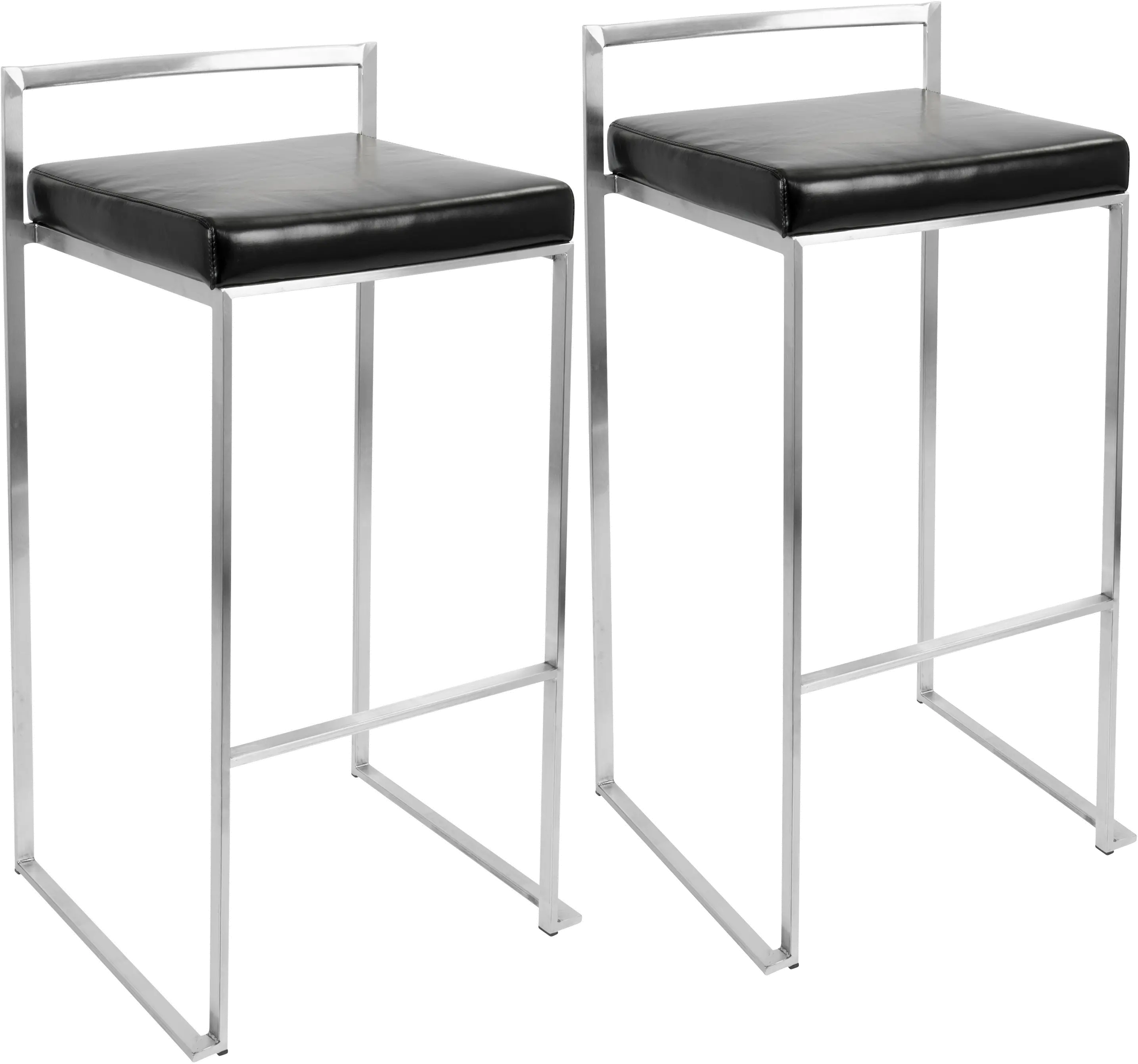 Fuji Low Back Stainless & Black Faux Leather Barstools, Set of 2