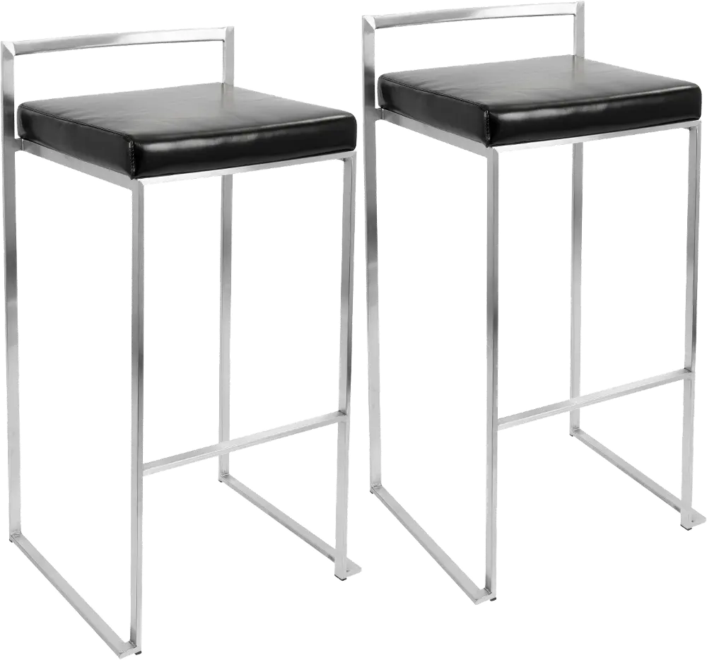 BS-FUJI BK2 Fuji Low Back Stainless & Black Faux Leather Barstools, Set of 2-1