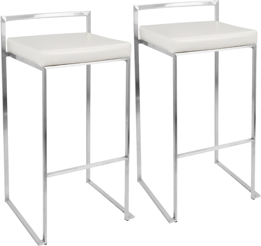 Fuji Low Back Stainless & White Faux Leather Barstools, Set of 2